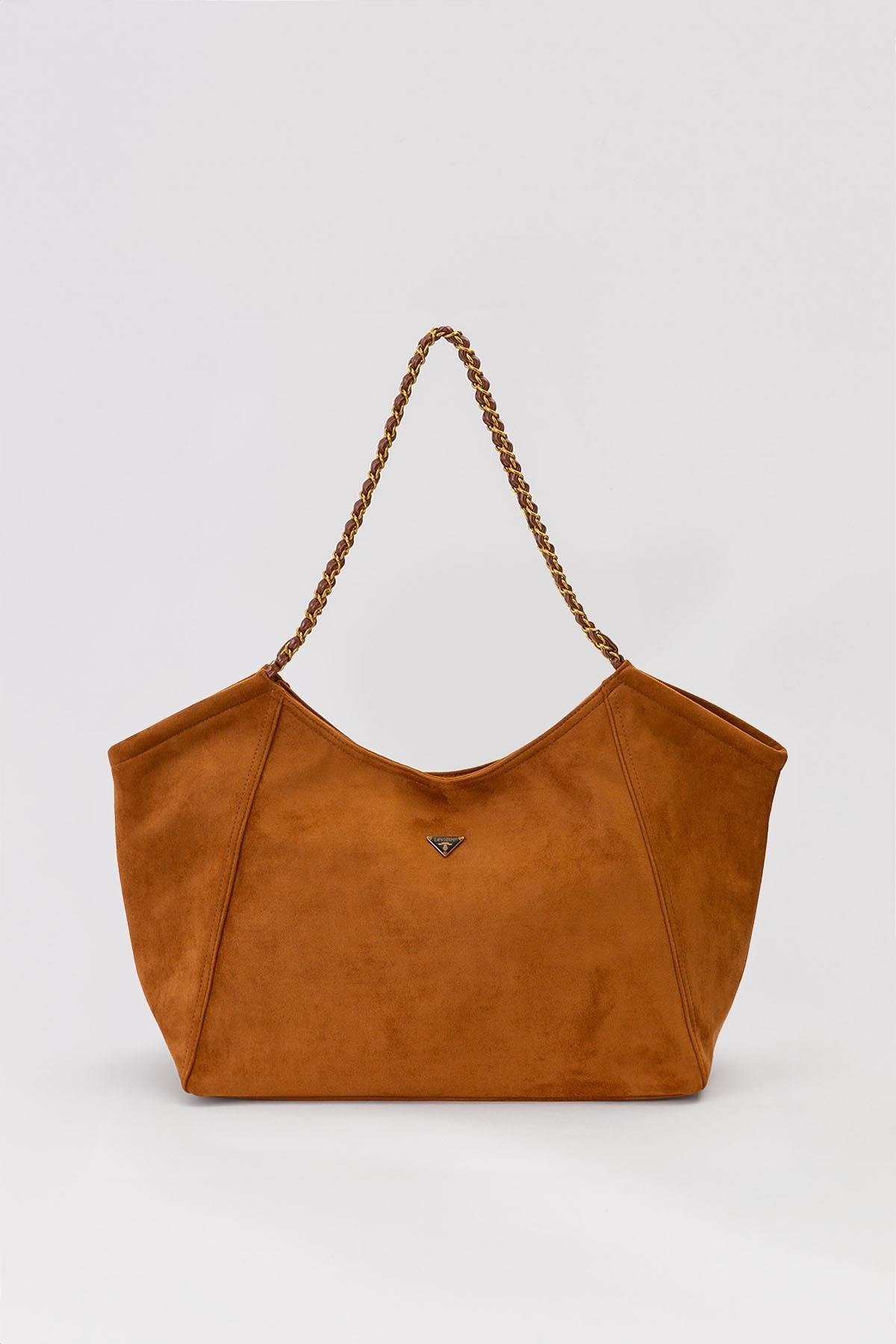Extra Büyük Boy Örgü Zincir Askılı Shopper Tasarım Soft Süet Kadın Omuz Çantası Taba