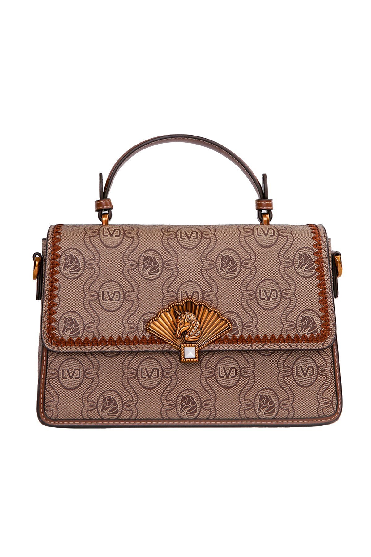 Monogram Baskılı Logo Detaylı Şık Tasarım Kadın El ve Omuz Çantası Camel