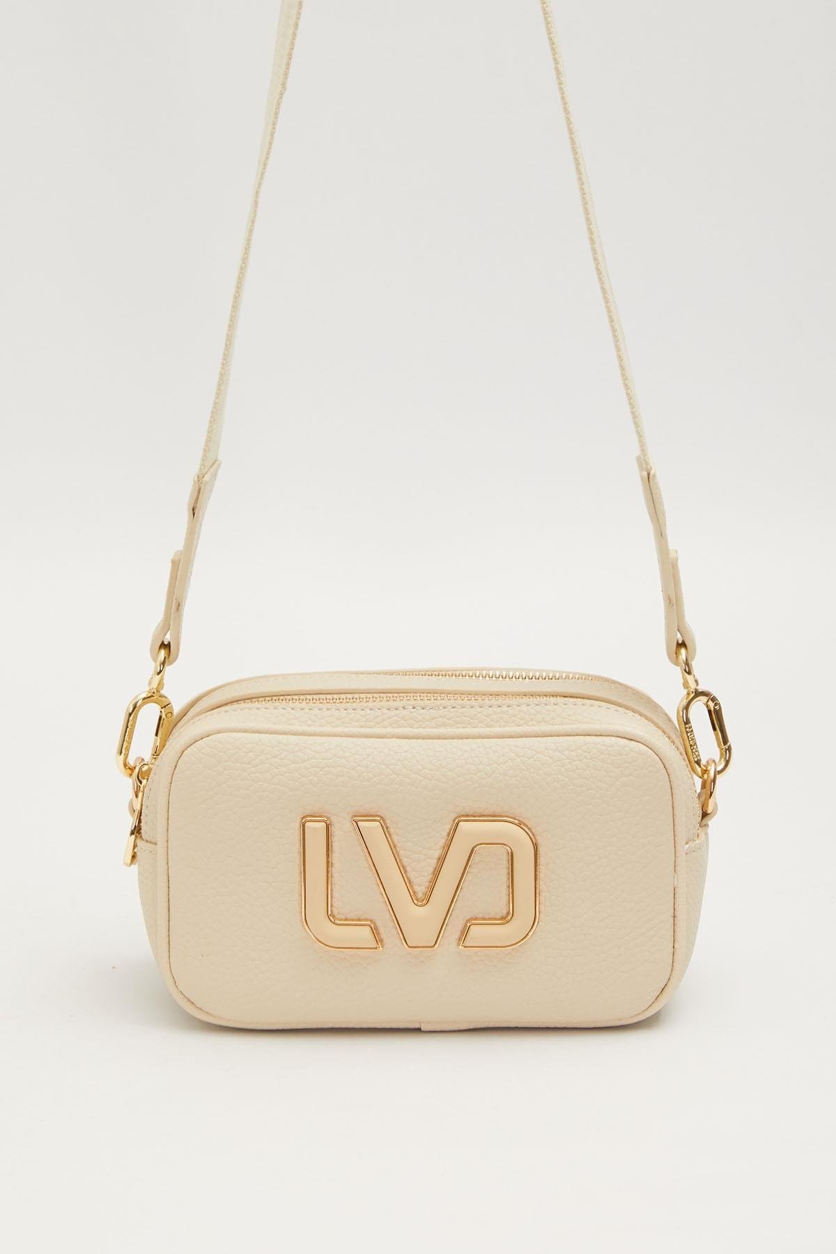 Uzun Askılı Küçük Boy Crossbody Çift Bölmeli Logo Detaylı Kadın Günlük Omuz Çantası Krem