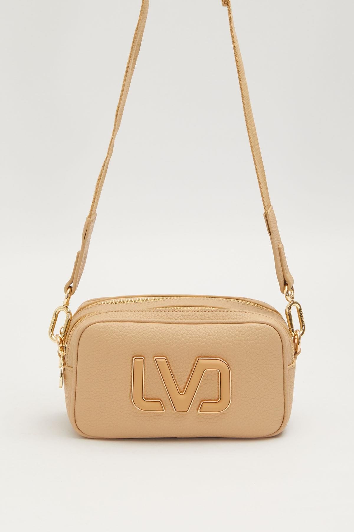 Uzun Askılı Küçük Boy Crossbody Çift Bölmeli Logo Detaylı Kadın Günlük Omuz Çantası Bej