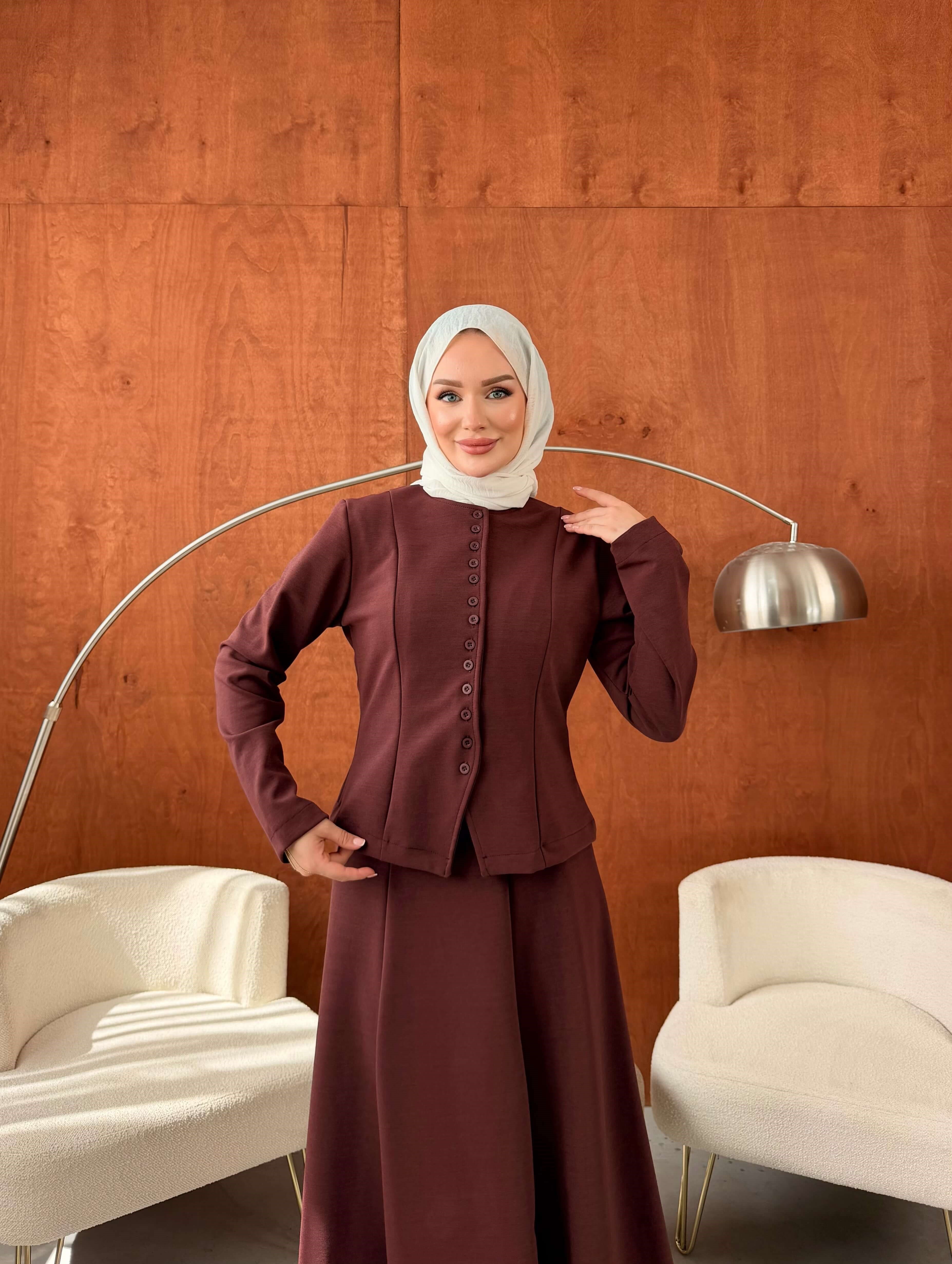 LADİN ÇELİK ÖRME DÜĞMELİ ETEKLİ TAKIM BORDO