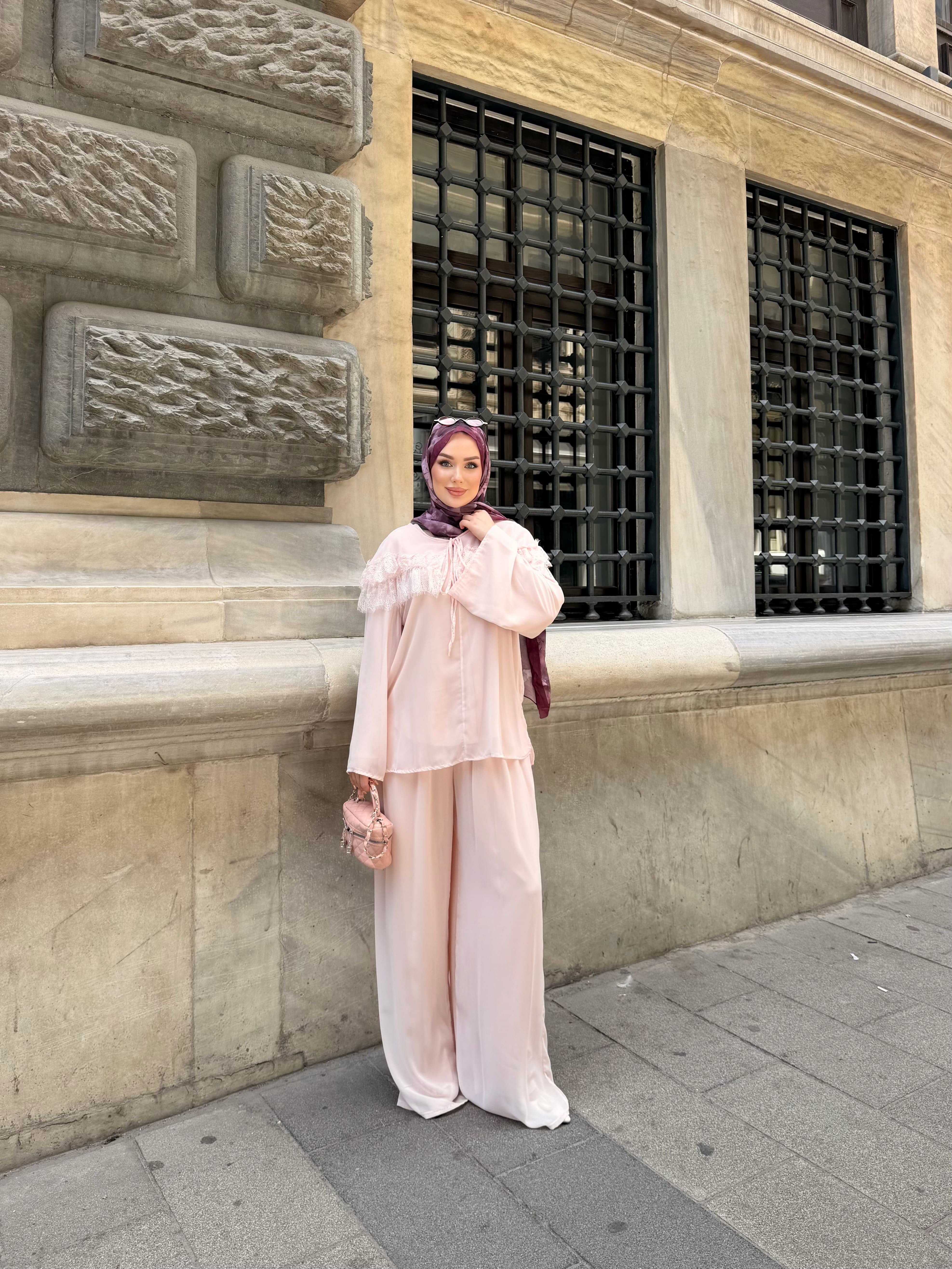 MASSİMO DANTEL DETAYLI ŞİFON TAKIM | PEMBE