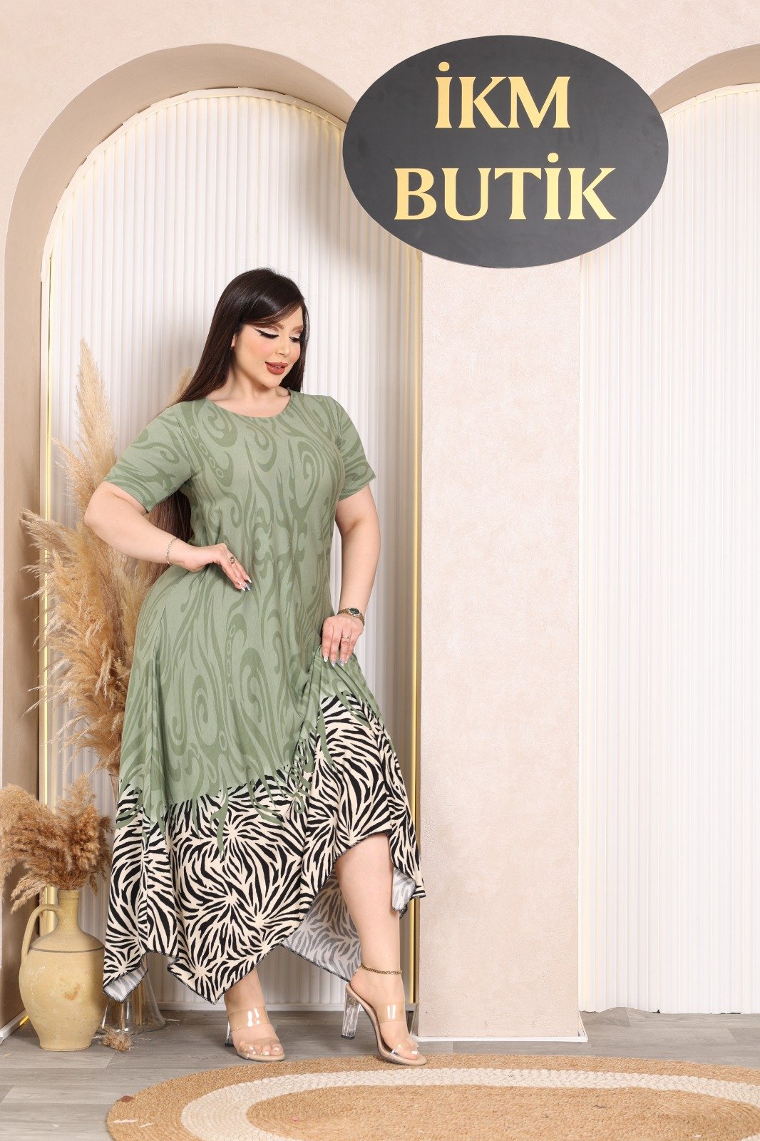 İKM BUTİK Viskon Yeşil Altı Sulu Desen Elbise