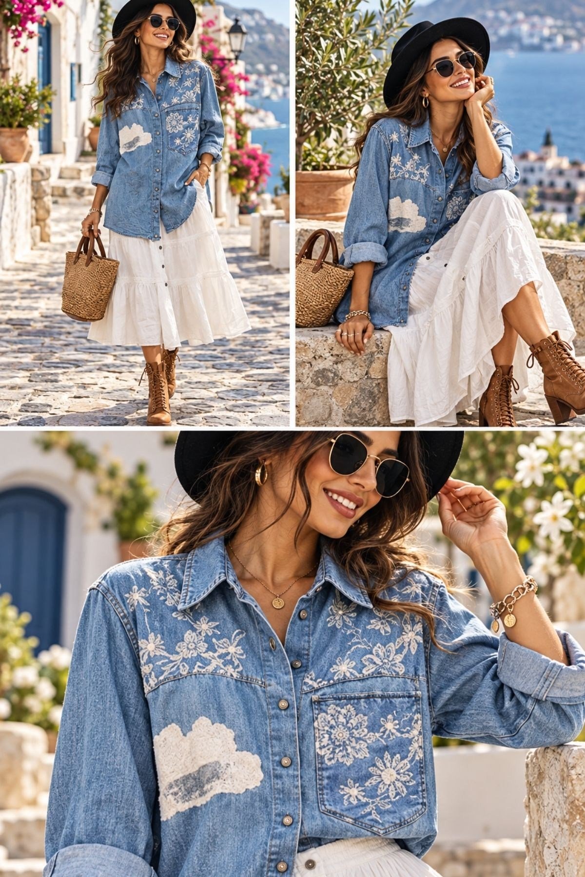 Baskılı ve Nakışlı Bohem Denim Gömlek
