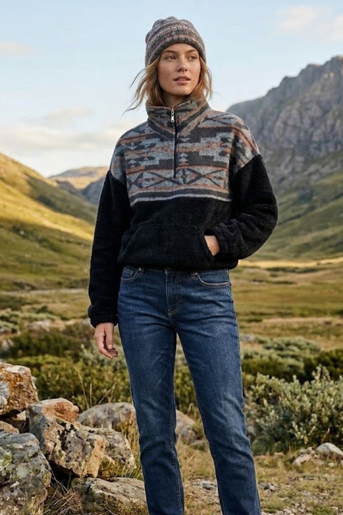 Boğazlı Etnik Desenli Peluş Sweatshirt