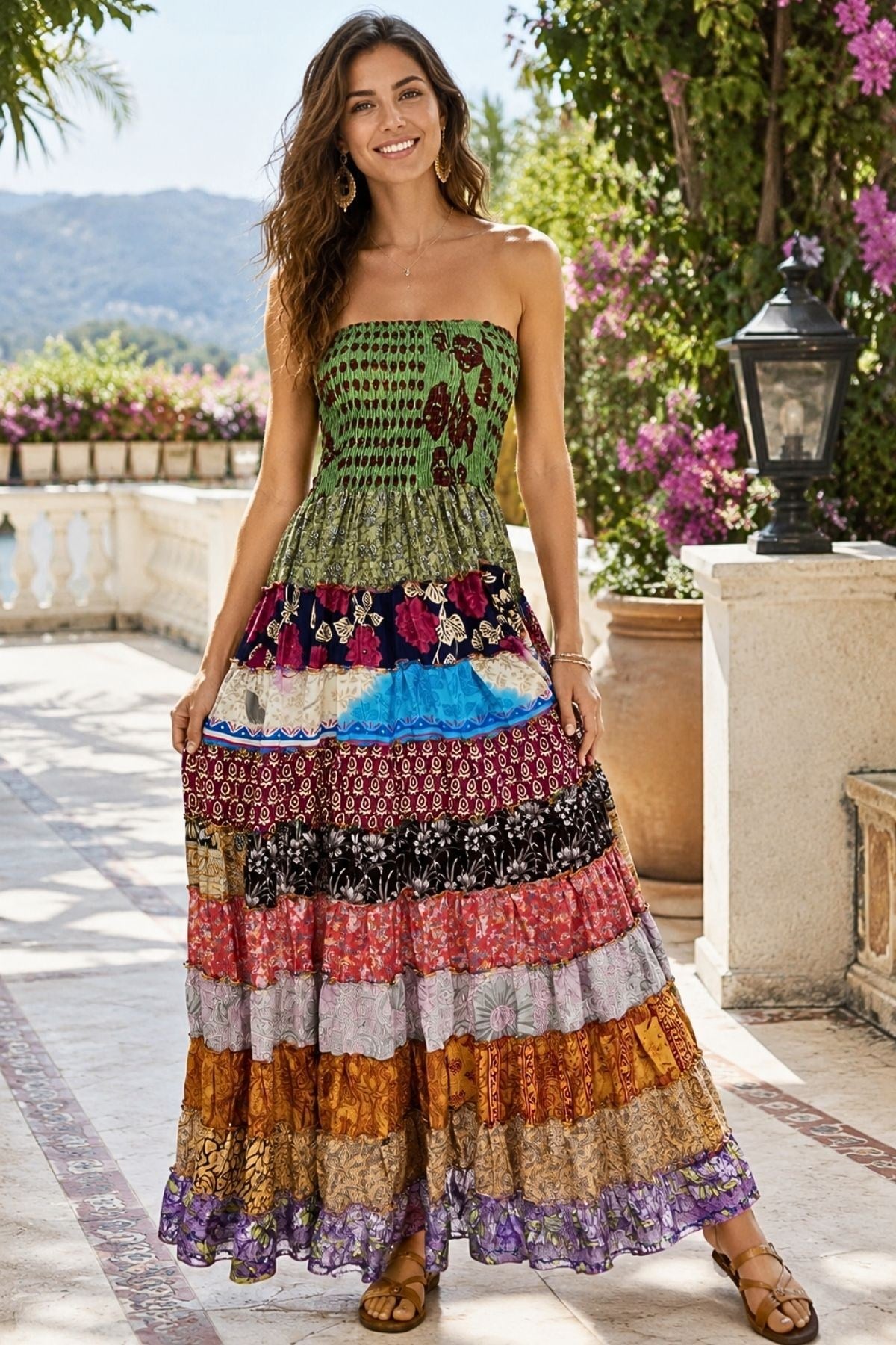 Bohem Esintili Patchwork Katlı İpek Elbise(Etek Kullanımlı)