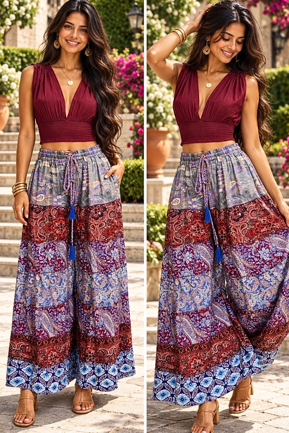 Bohem Patchwork Desenli Bol Paça Pantolon