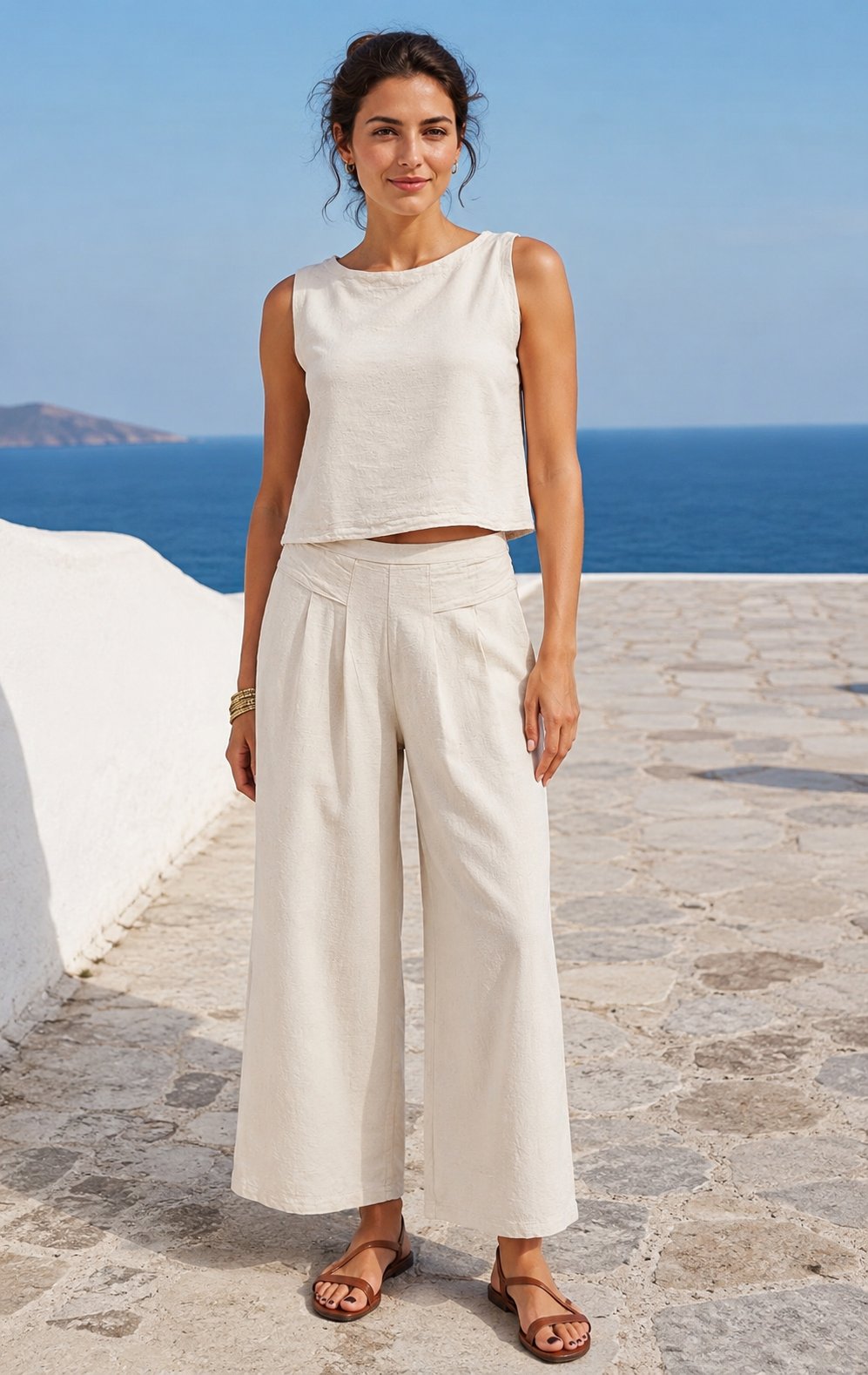 Bohem Tarz Keten Esintili Crop Pantolon Takım