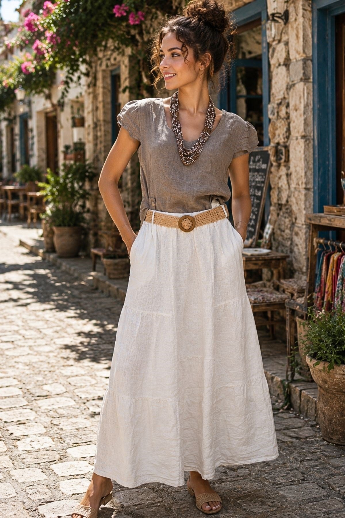 Boho Stil Örgü Kemerli Cepli Kat Kat % 100 Keten Etek