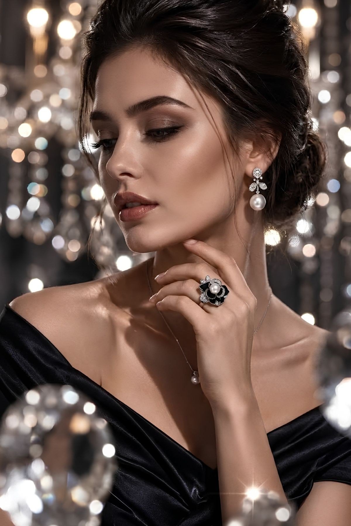 Çiçek Figürlü Siyah Mineli ve İncili Tasarım Yüzük