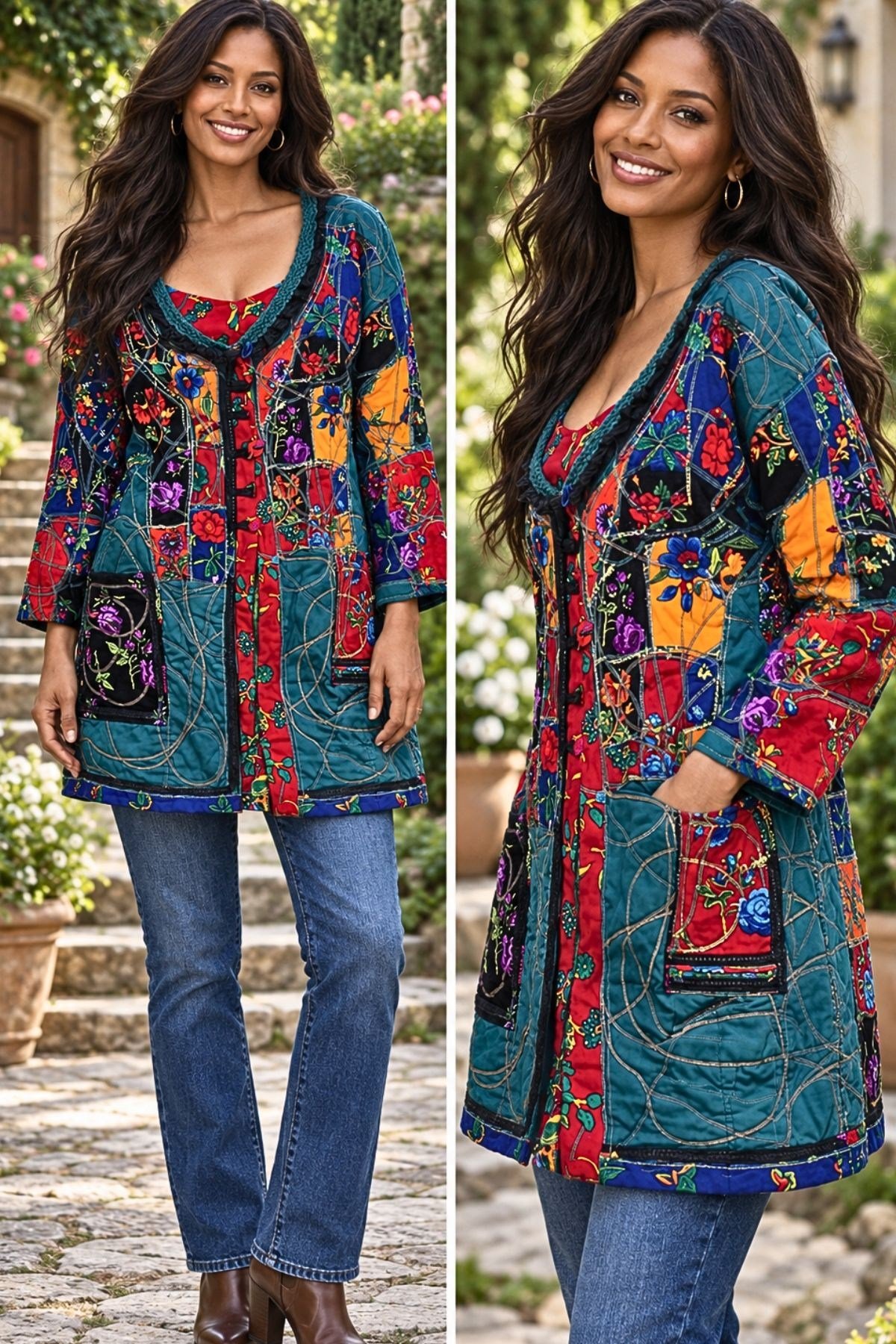 Cift Taraflı Özel Tasarım Patchwork Pazen Ceket