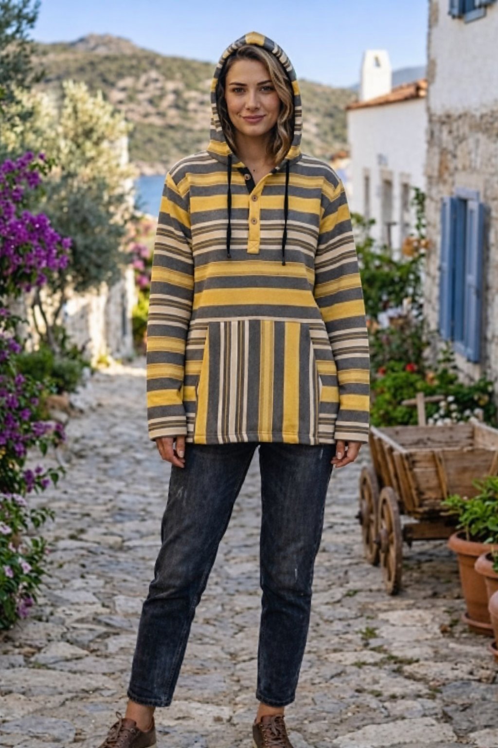 Çizgili Kapüşonlu Etnik Sweatshirt
