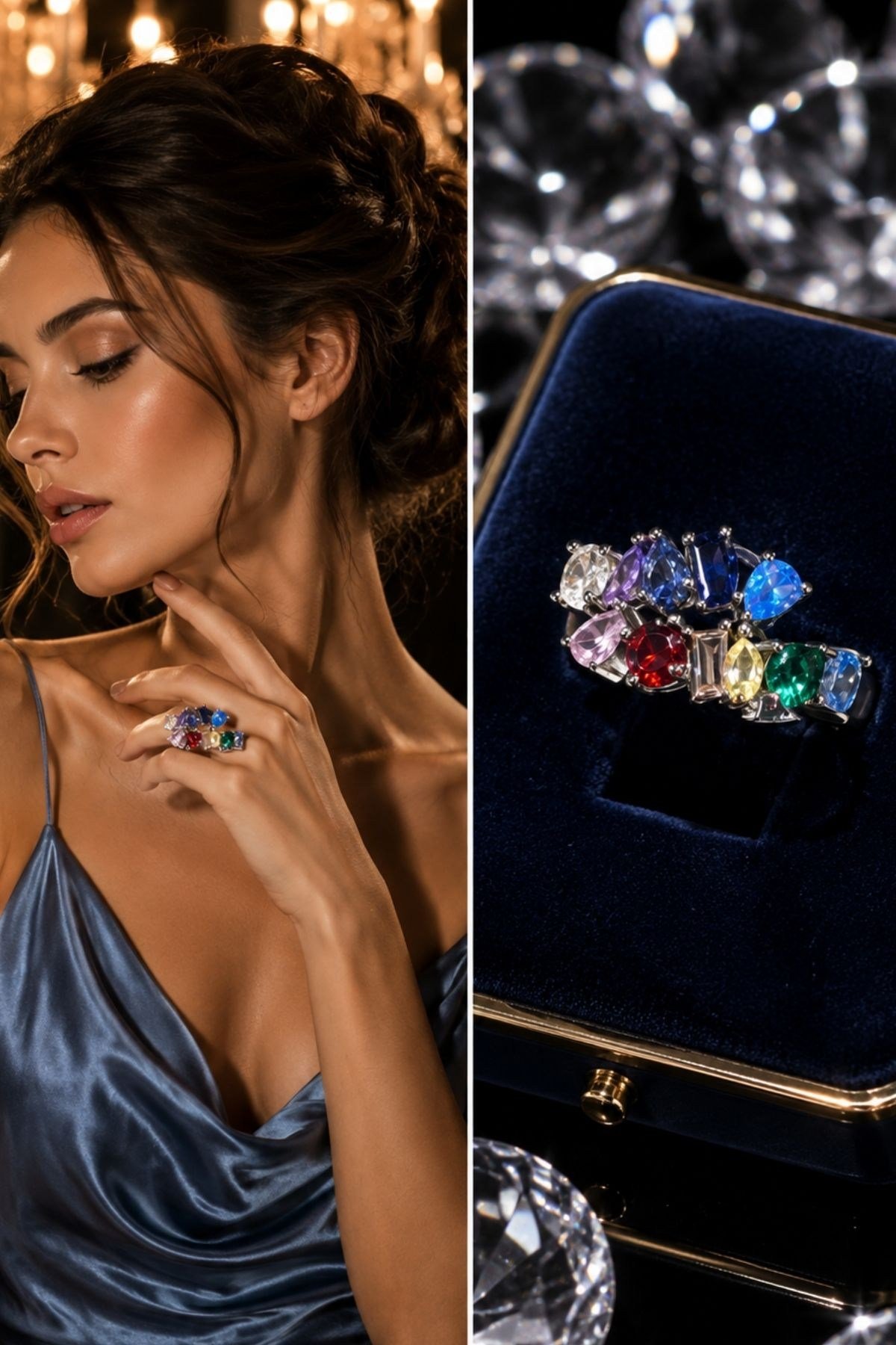 Doğal Aquamarin Safir Zümrüt Sitrin Pembe Kuvars Taşlı Tasarım Gümüş Yüzük