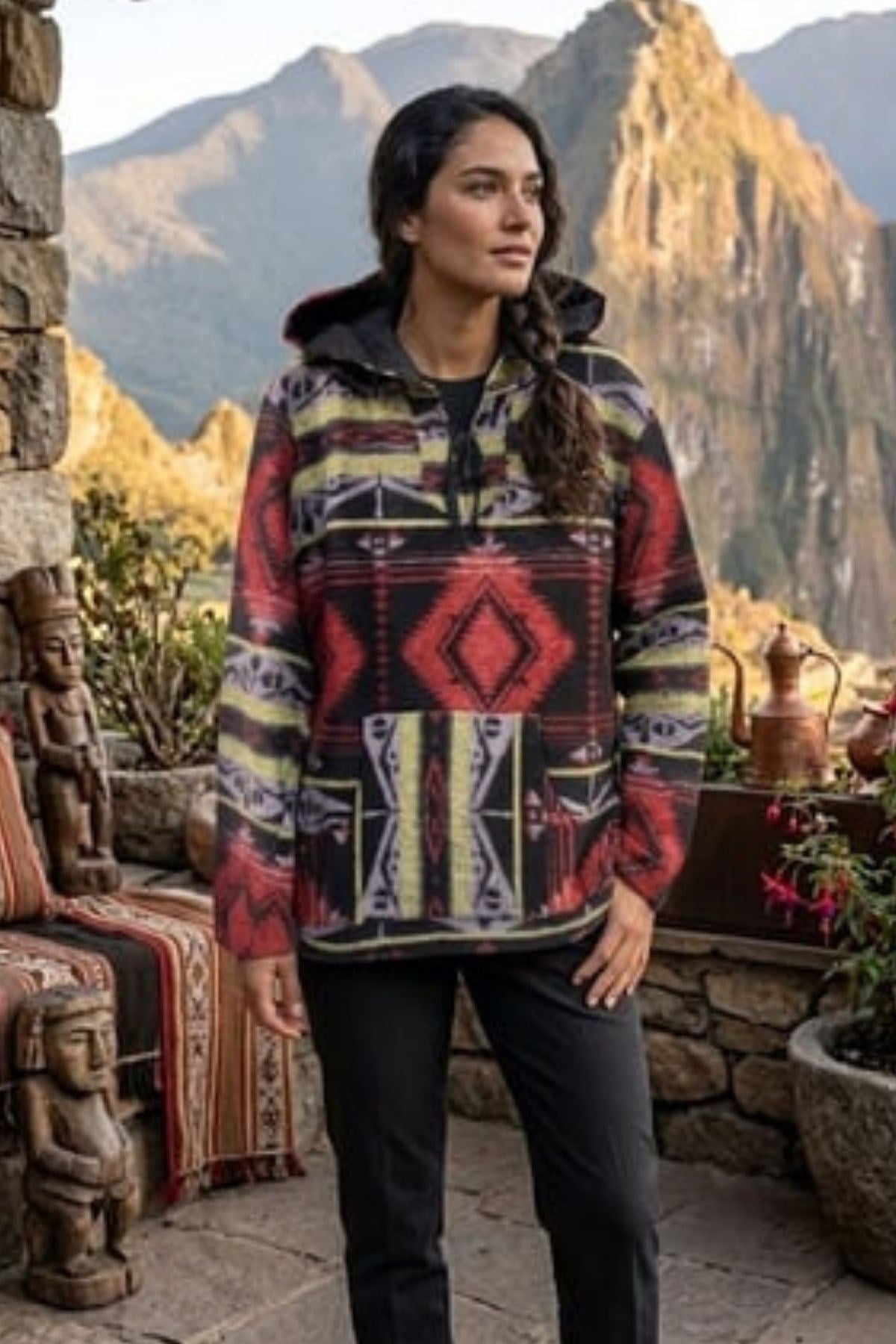 Etnik Desenli Kapüşonlu Sweatshirt