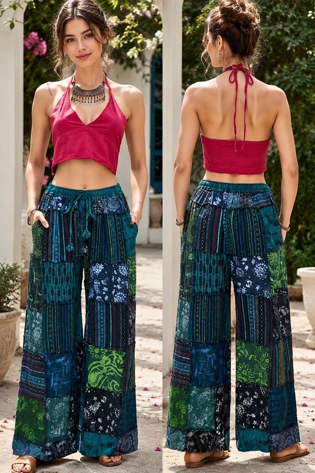 Etnik Desenli Patchwork Bohem Bol Paçalı Pantolon % 100 Pamuklu