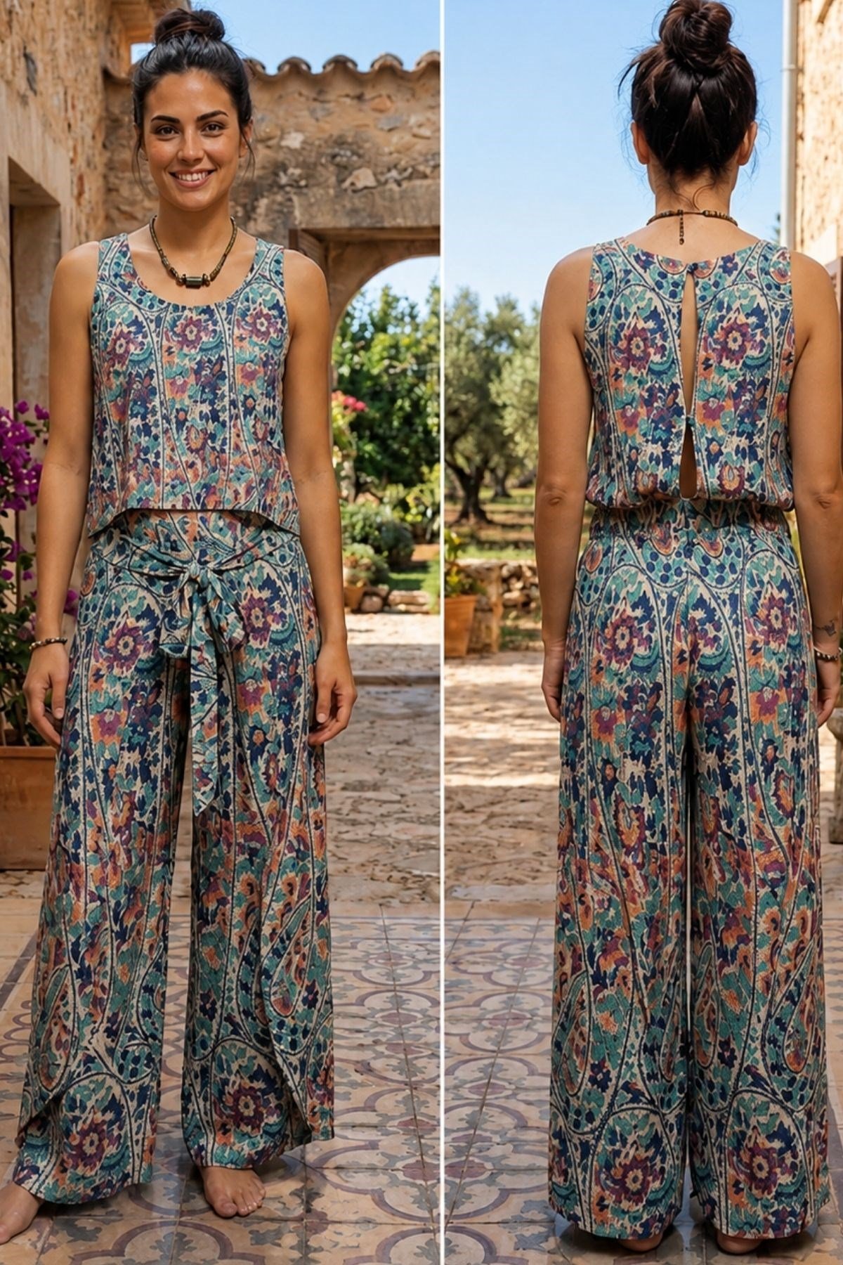 Etnik Desenli Sırt Dekolteli Otantik Tulum