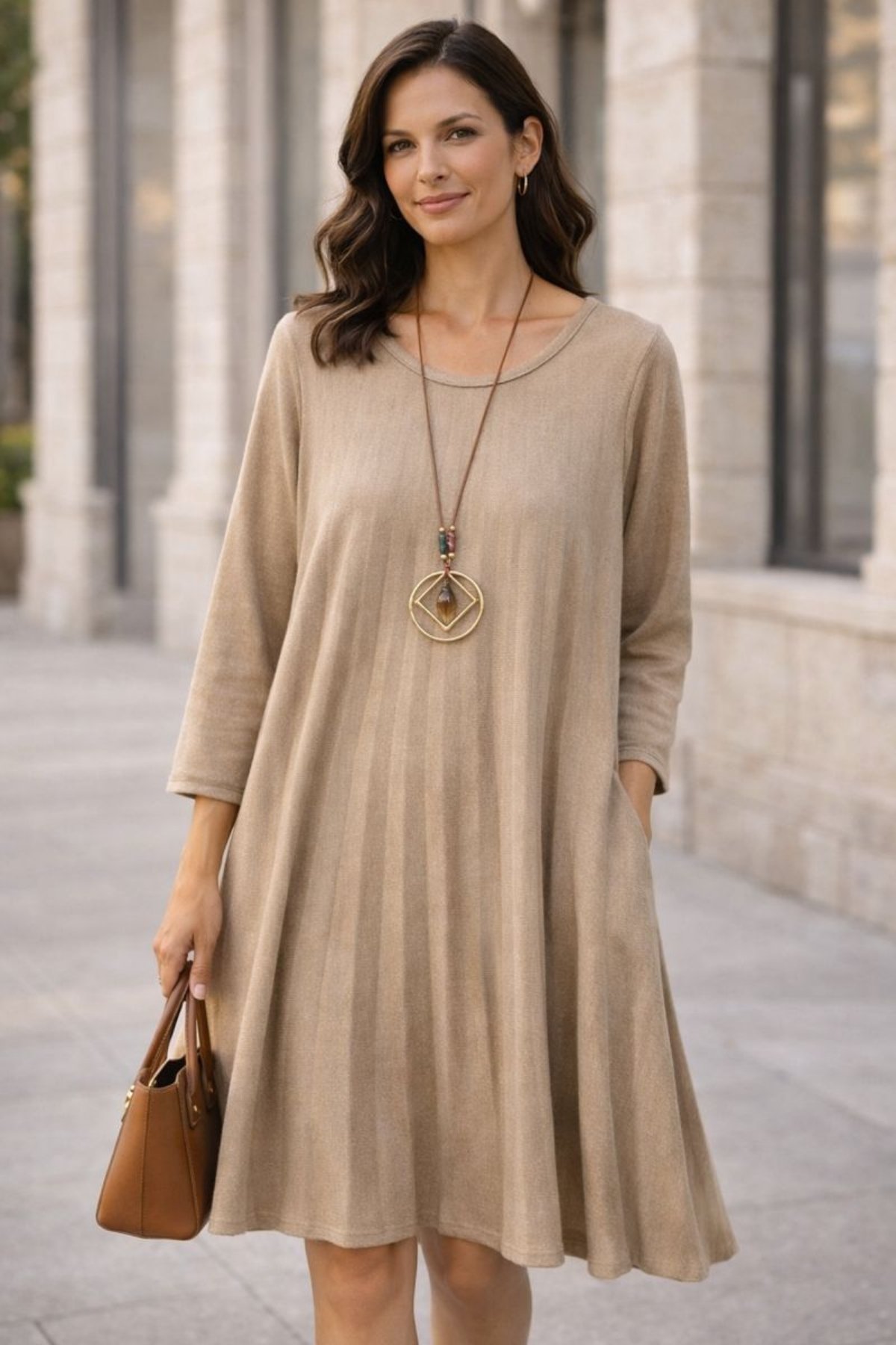 İtalyan Triko Elbise  Oversize Kolye Hediye