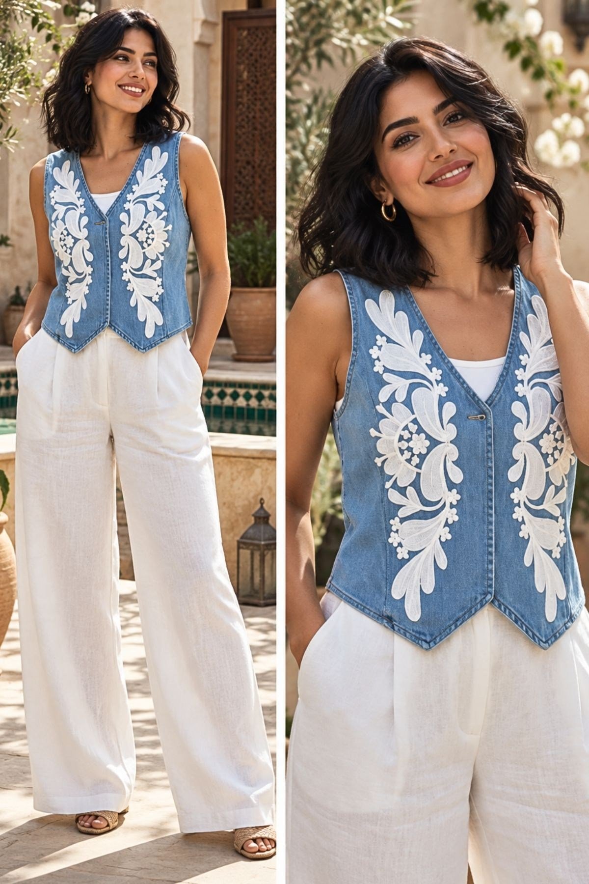 Nakışlı Kot Yelek