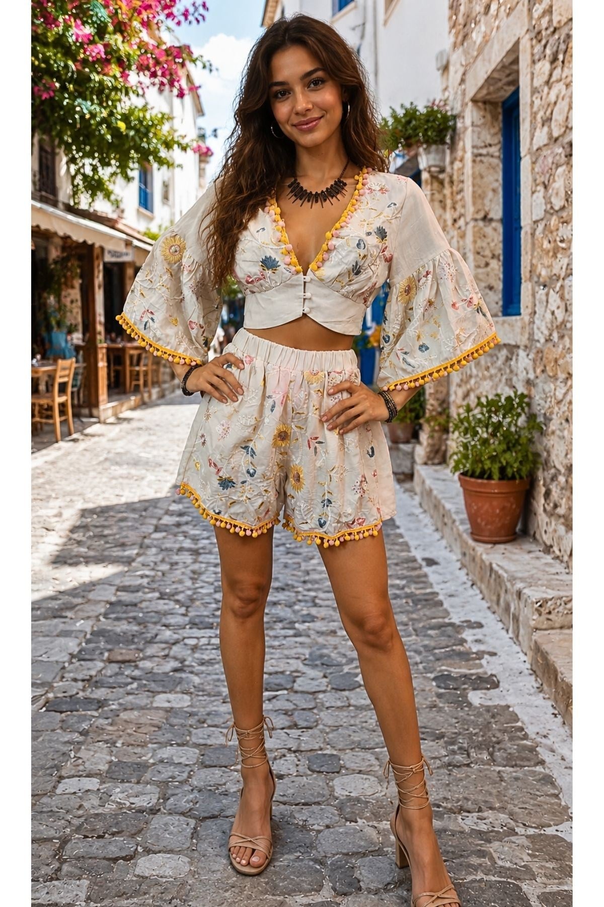 Nakışlı Pamuk Şort Takım