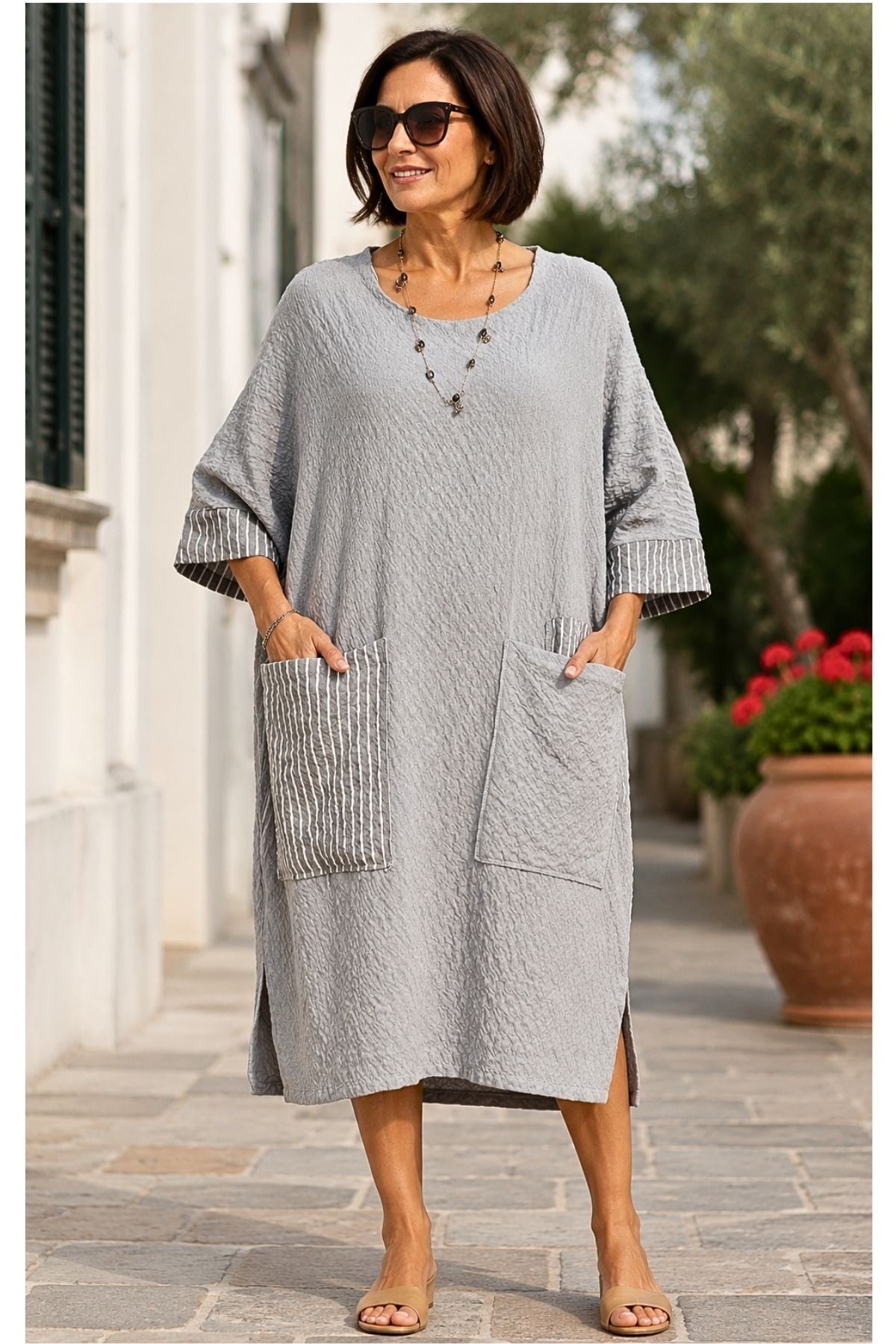 Oversize Çizgili Cep Detaylı Bohem Dokunuşlu Elbise