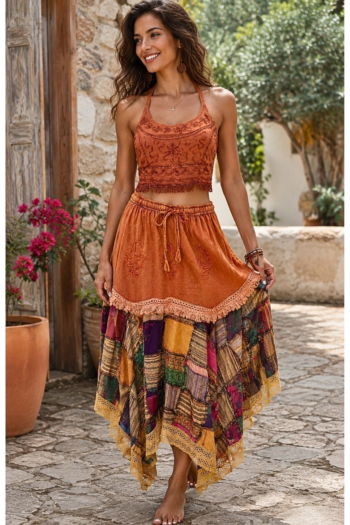 Patchwork Desenli Püskül ve Dantel Detaylı Bohem Etek