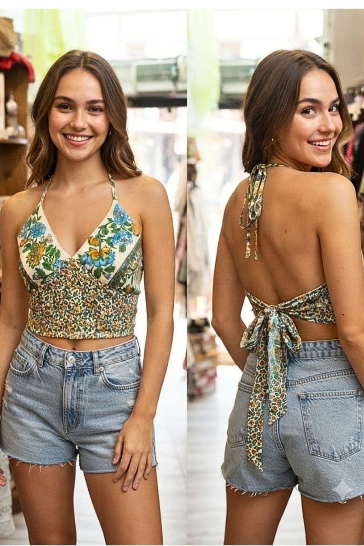 Sırtı Açık Boyundan Bağlamalı Crop Bluz
