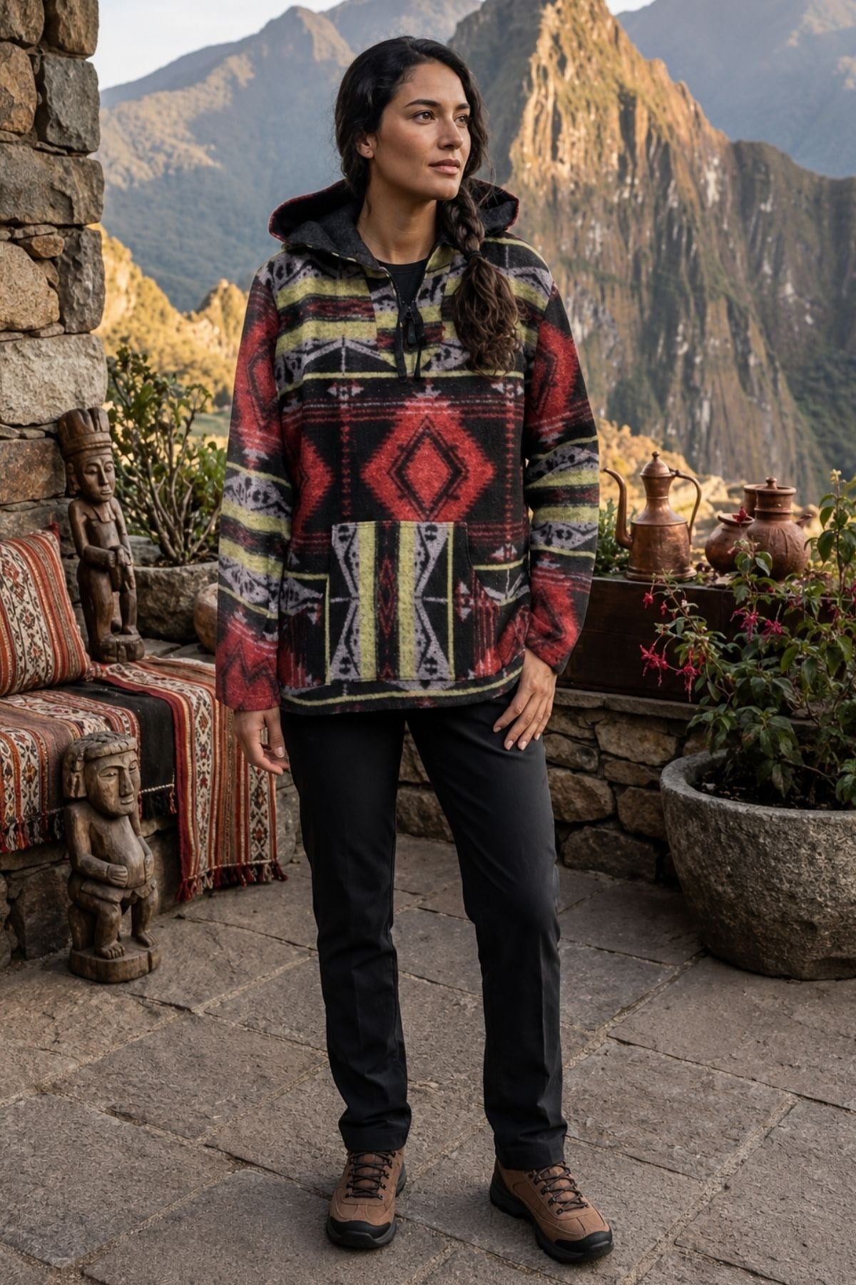 Unisex Etnik Desenli Kapüşonlu Sweatshirt