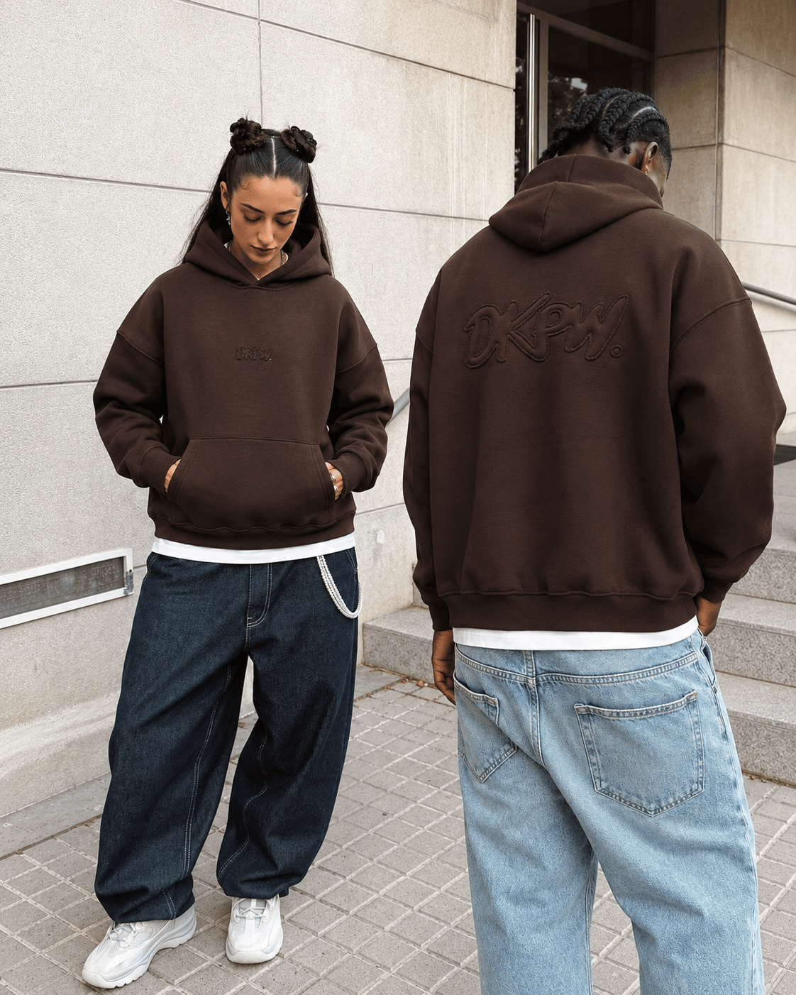 APLİKE BASKI OVERSİZE KAPŞONLU SWEATSHİRT KAHVE