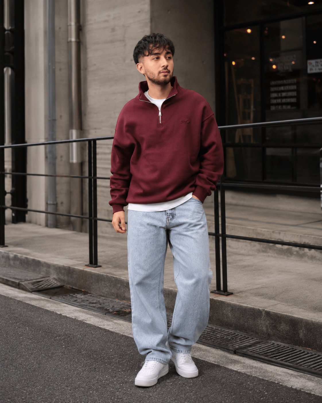 DKPW GOFRE BASKILI DİK YAKA YARIM FERMUARLI SWEATSHİRT BORDO