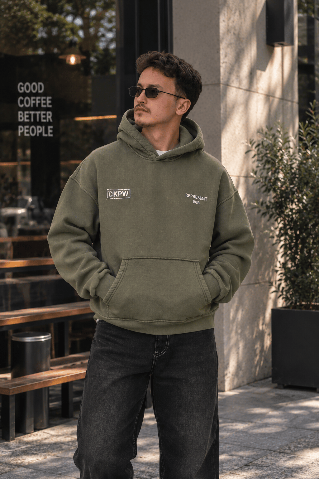 YIKAMALI BOXYFİT OVERSİZE KAPŞONLU SWEATSHİRT HAKİ