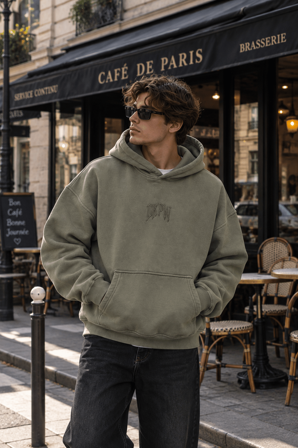 YIKAMALI DKPW GÖĞÜS NAKIŞ BASKILI KAPŞONLU SWEATSHIRT HAKİ