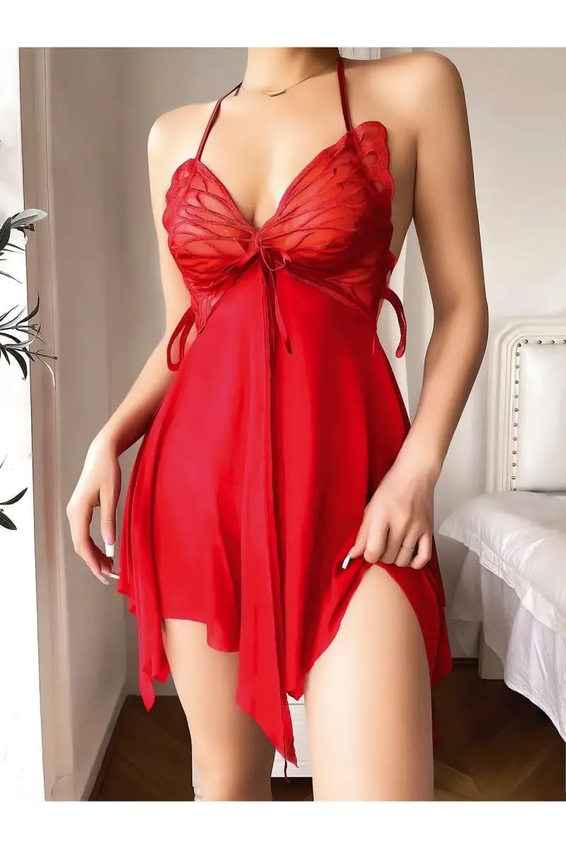Kırmızı Butterfly Kelebek Detaylı Babydoll Gecelik Takım