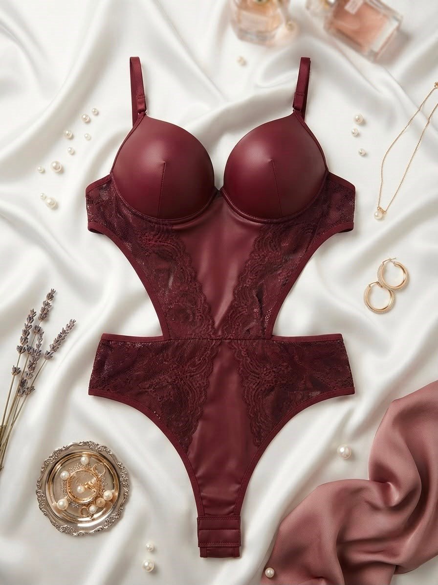 Koyu Bordo Dantel Detaylı Bodysui