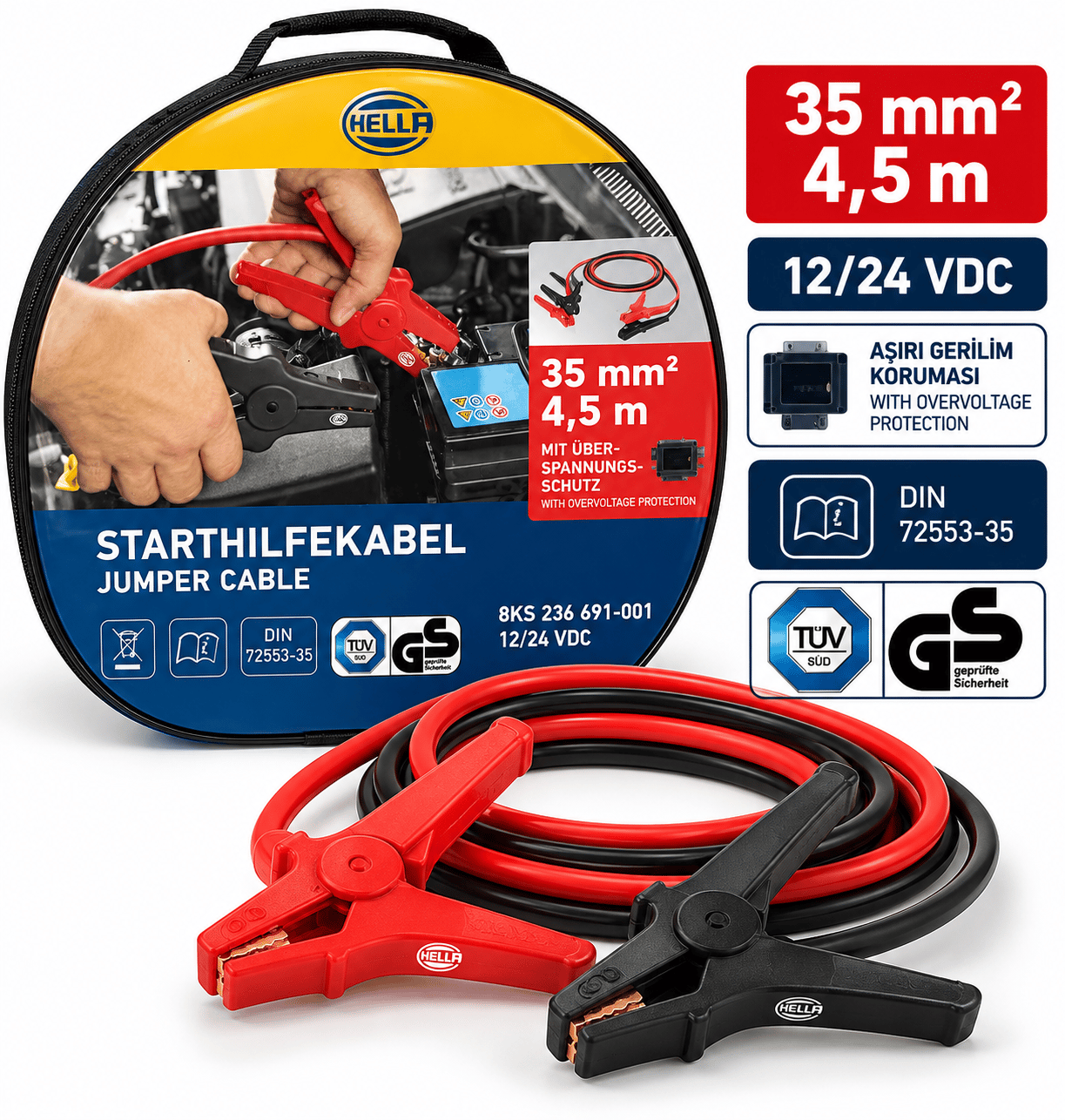 HELLA 8KS 236 691-001 AKÜ TAKVİYE KABLO SETİ 12V.-24V.  1000 amper (1000 AH)