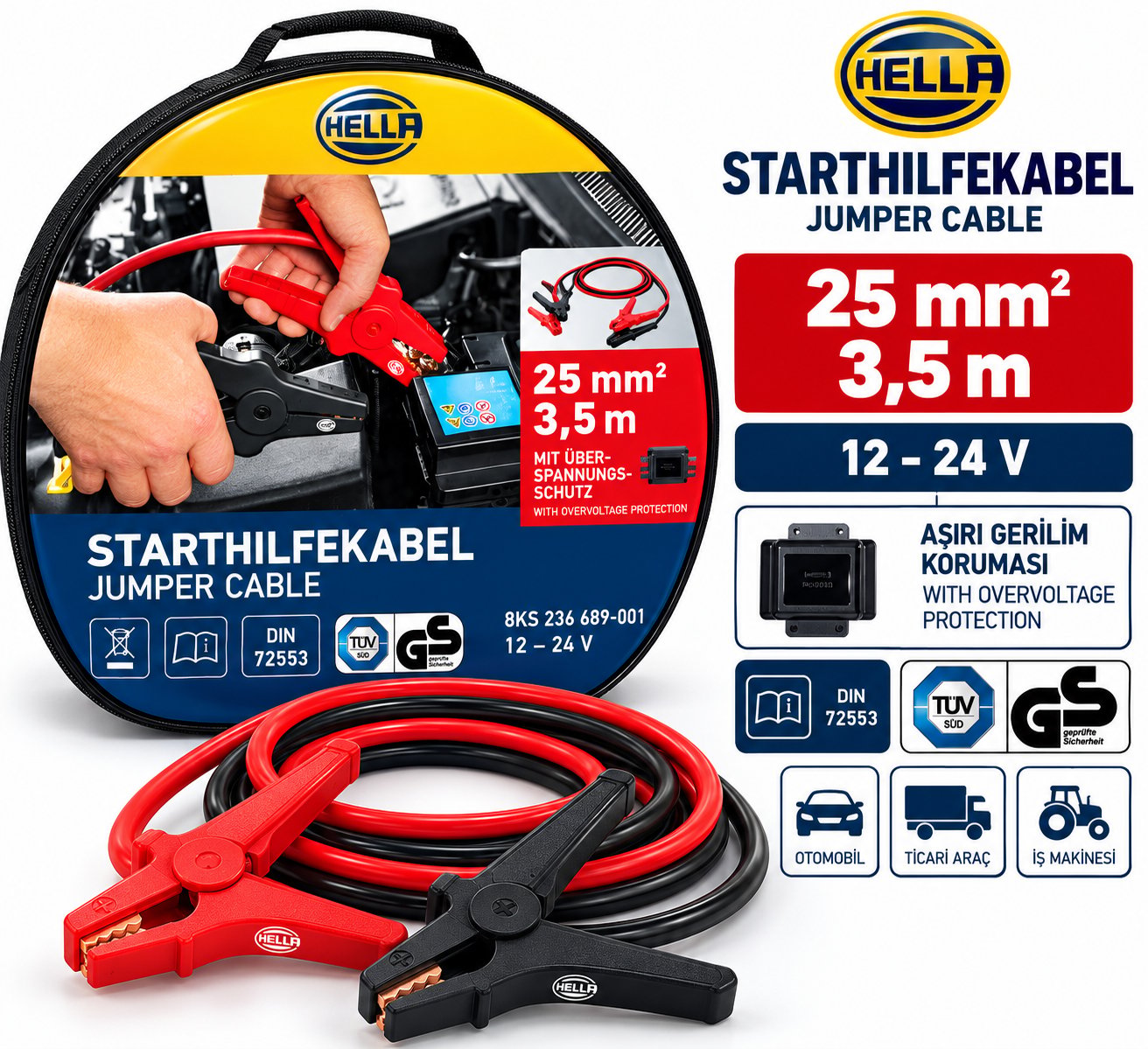 HELLA 8KS 236 689-001 AKÜ TAKVİYE KABLO SETİ 12V.-24V. 350 AMPER