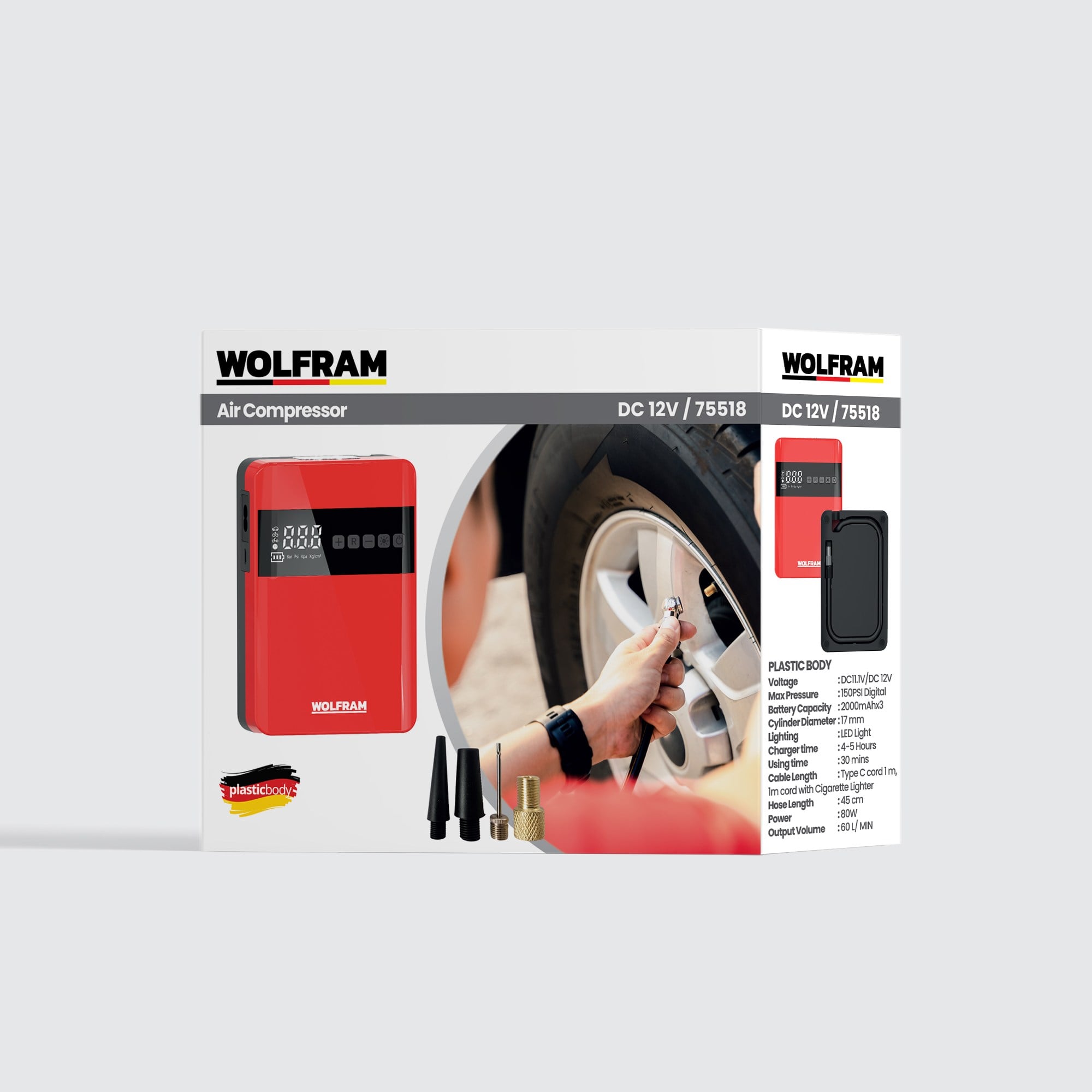 Şarjlı Dijital Hava Kompresörü 150 PSI – Powerbank Özellikli - WOLFRAM 75518