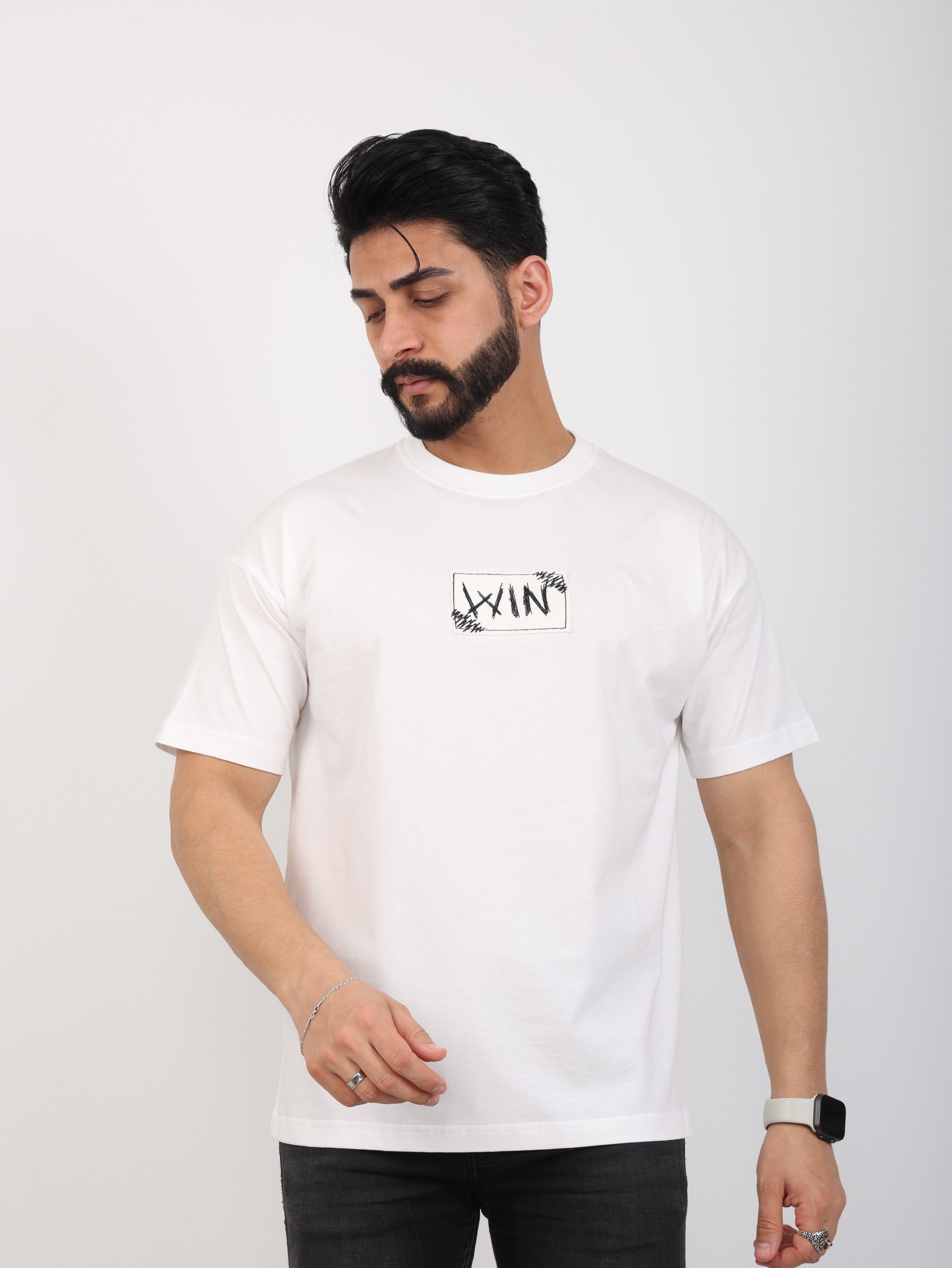 Erkek Bisiklet Yaka Baskılı Oversize Tişört