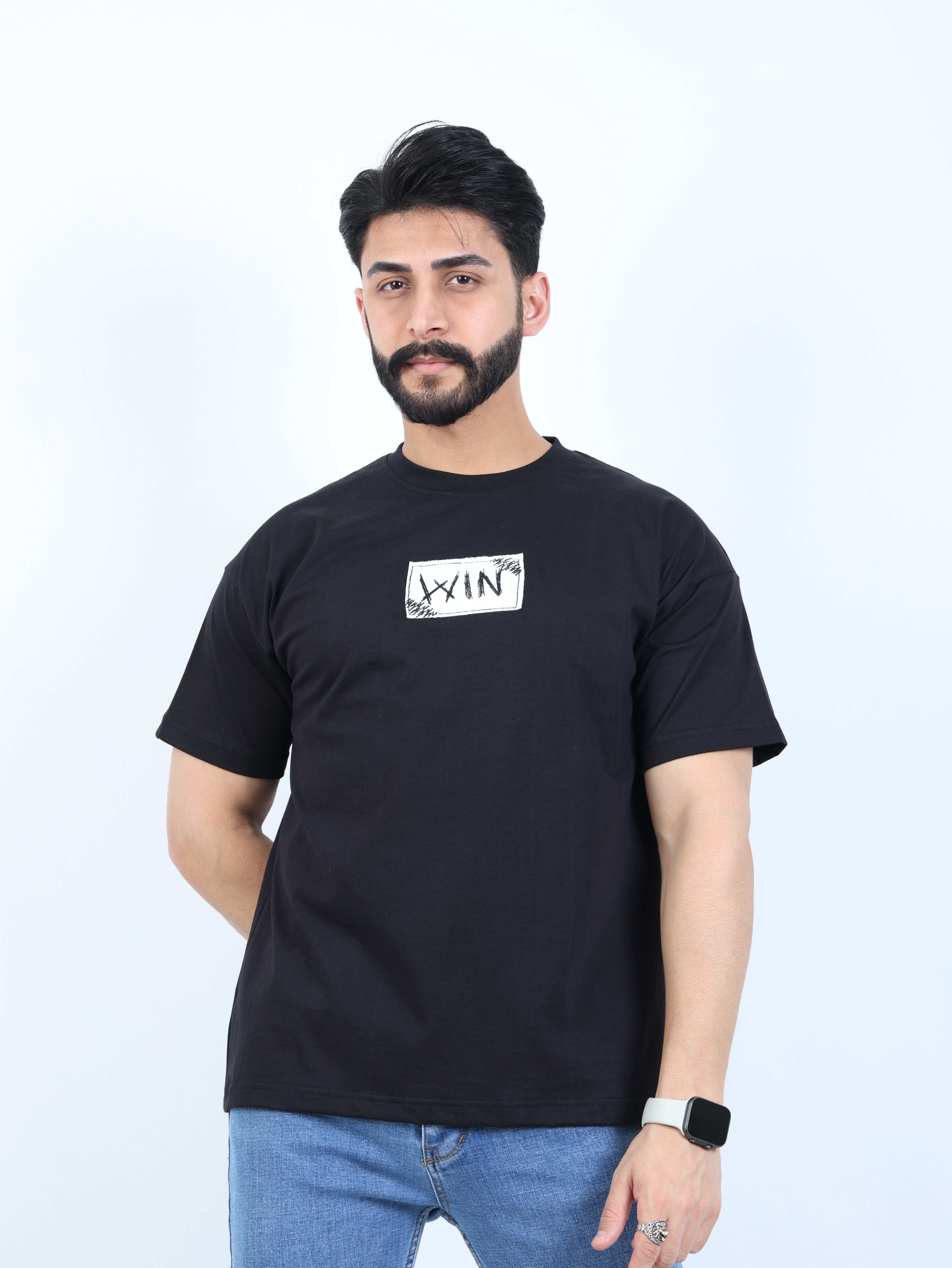 Erkek Bisiklet Yaka Baskılı Oversize Tişört