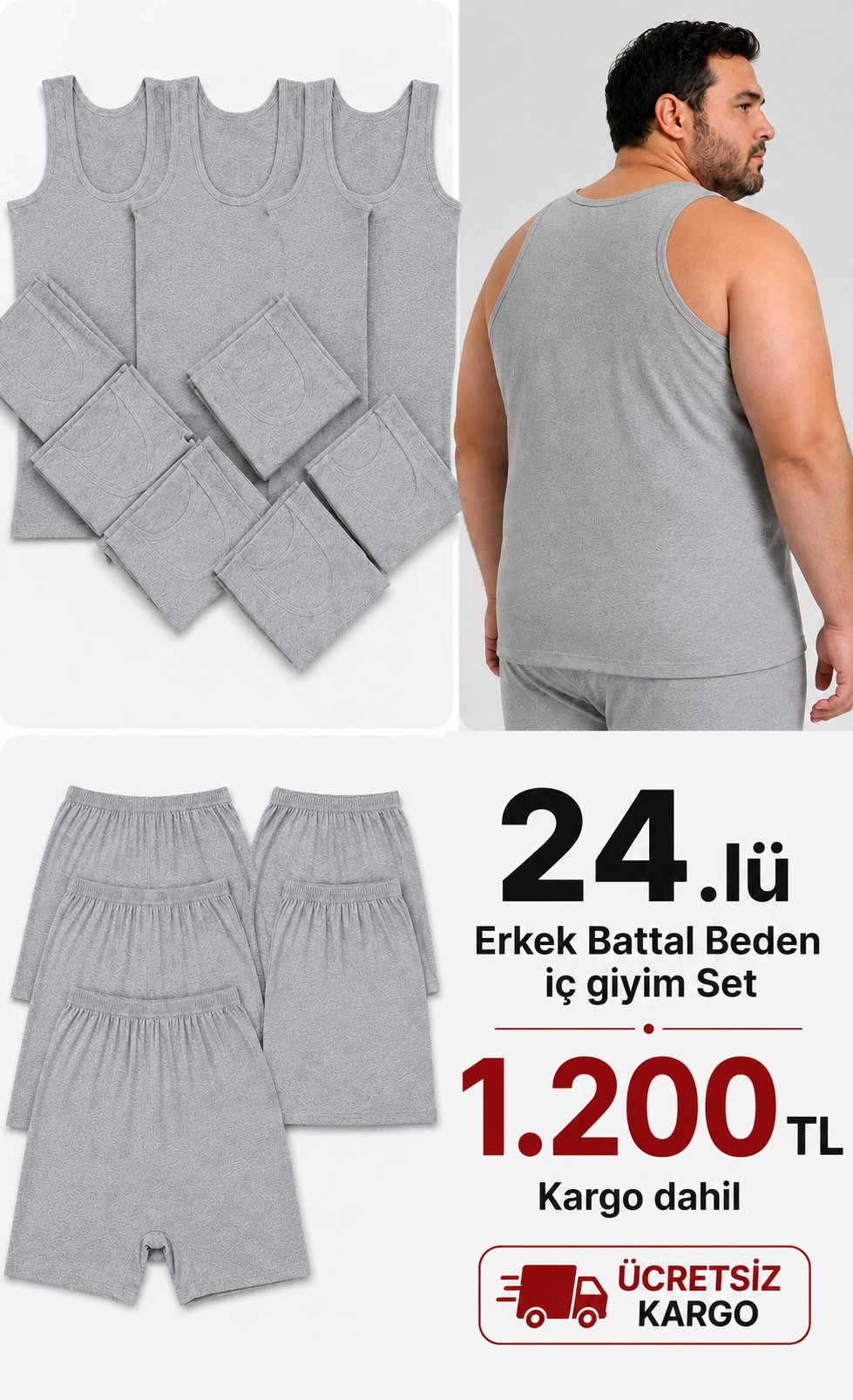 24 parça Battal Erkek iç Giyim Set Gri
