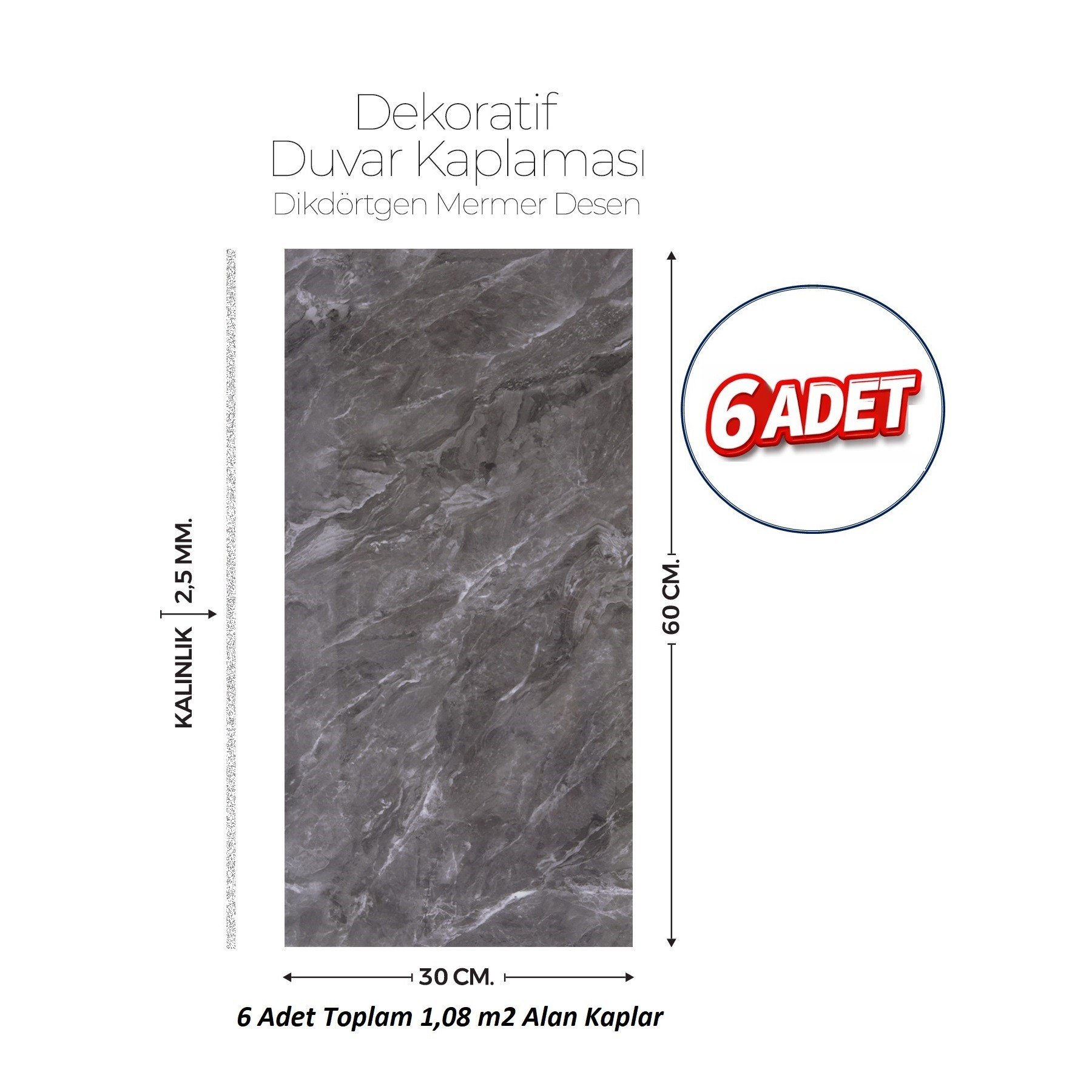 30X60 cm Kendinden Yapışkanlı Duvar,banyo,tezgah Arası Kaplama Antrasit Mermer 6 Adet