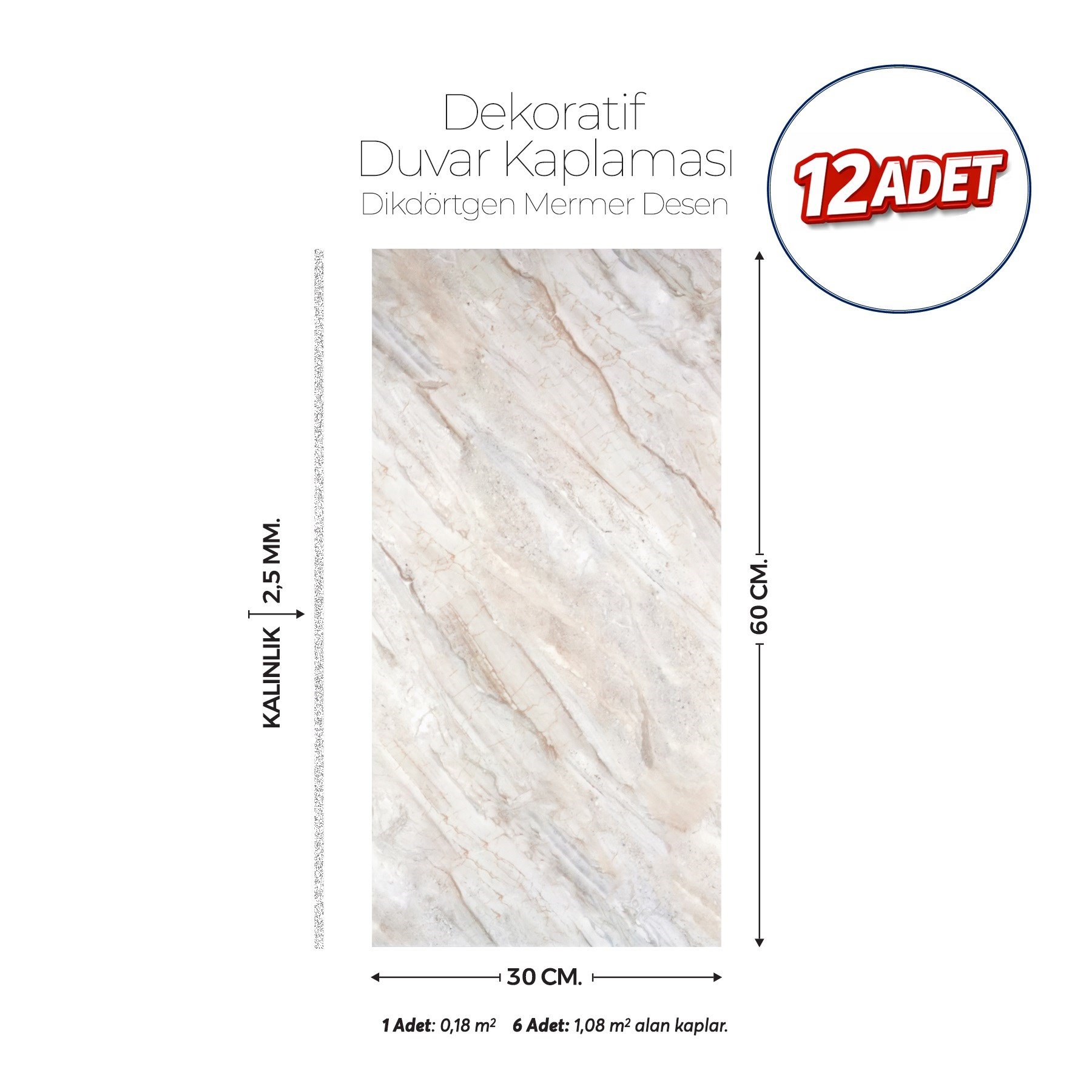 30X60 cm Kendinden Yapışkanlı Duvar,banyo,tezgah Arası Kaplama Bej Mermer Desen 12 Adet