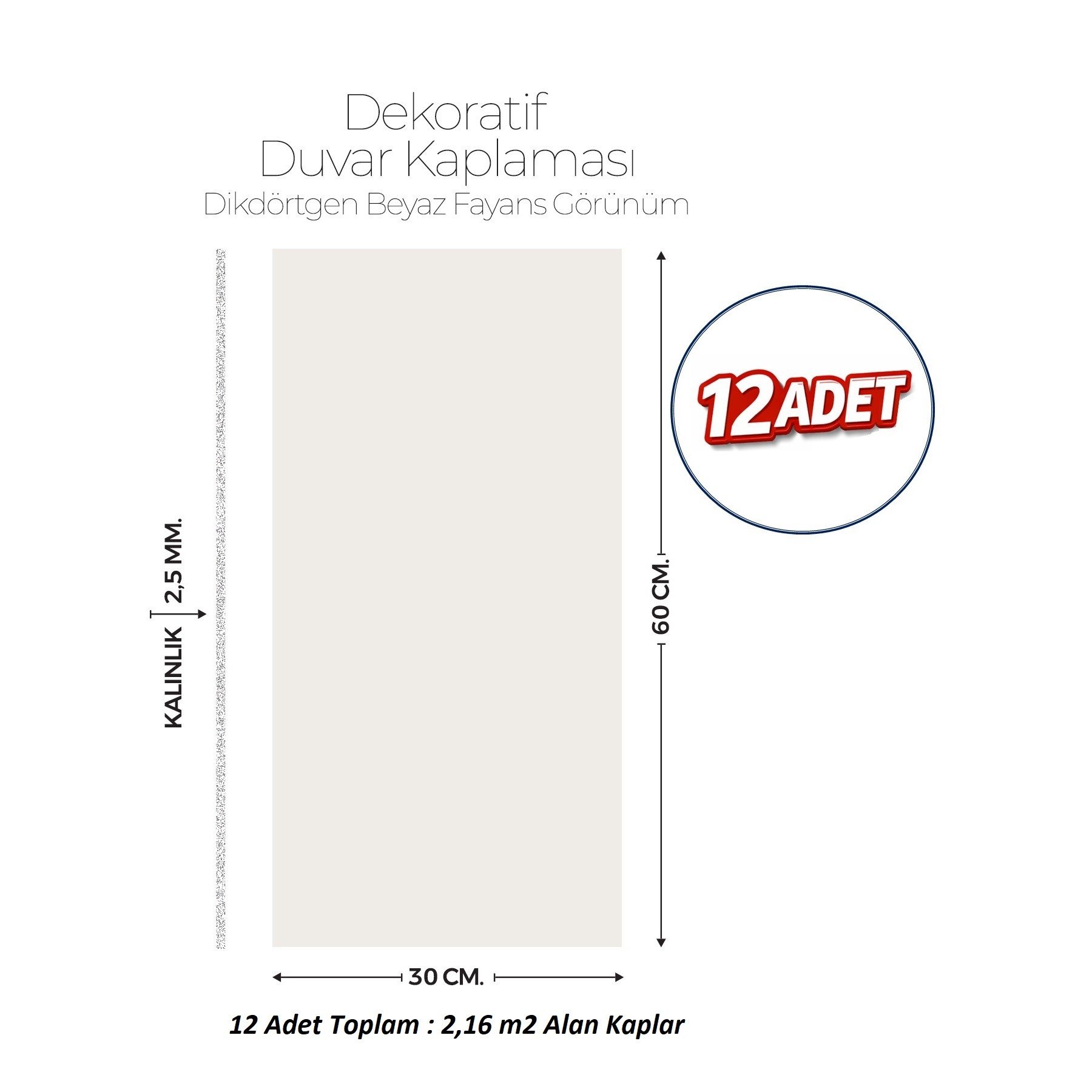 30X60 cm Kendinden Yapışkanlı Duvar,banyo,tezgah Arası Kaplama Kırık Beyaz 12 Adet