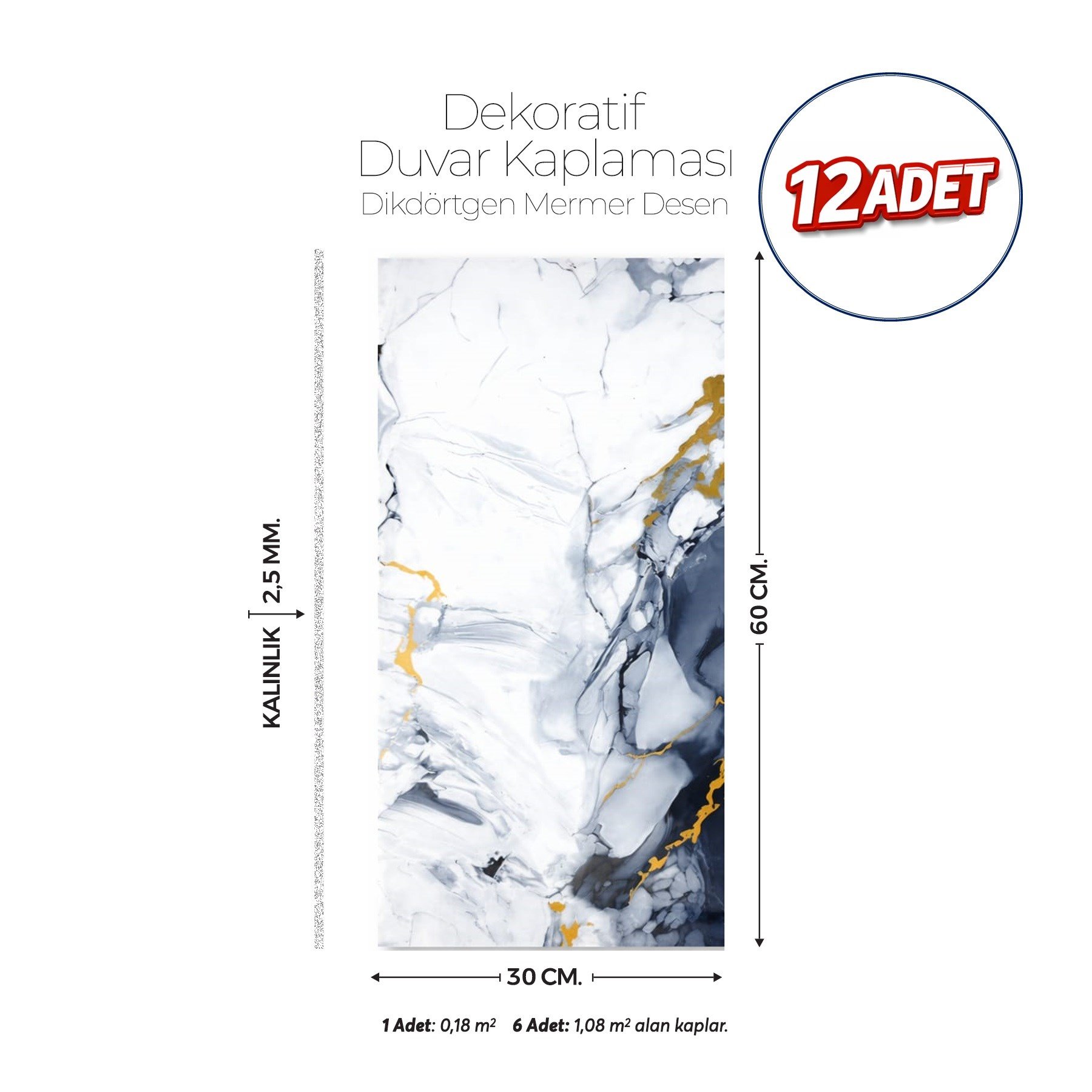 30X60 cm Kendinden Yapışkanlı Duvar,banyo,tezgah Arası Kaplama Beyaz-Mavi Mermer Desen 12 Adet