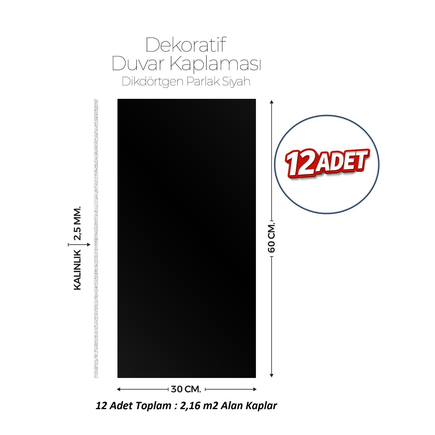 30X60 cm Kendinden Yapışkanlı Duvar,banyo,tezgah Arası Kaplama Parlak Siyah 12 Adet