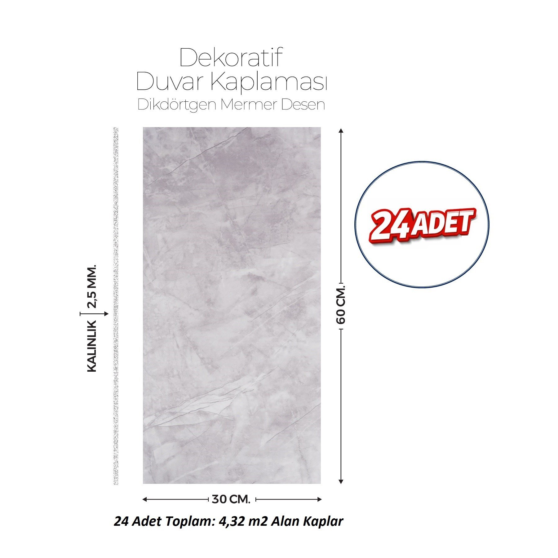 30X60 cm Kendinden Yapışkanlı Duvar,banyo,tezgah Arası Kaplama Açık Gri-24 Adet