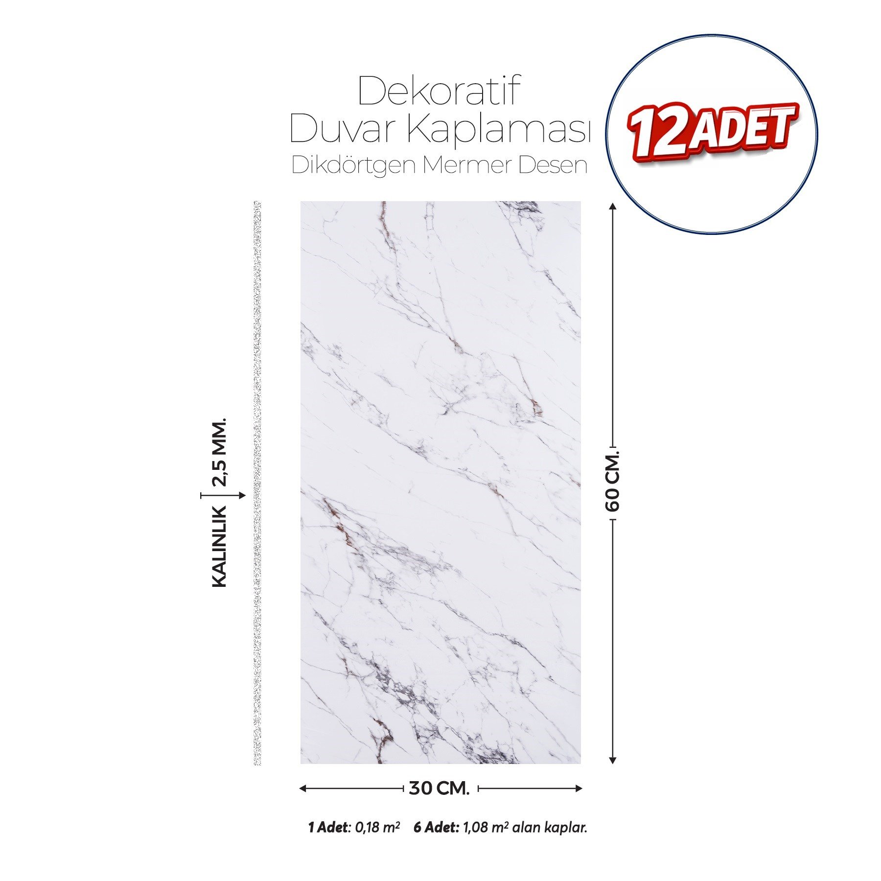 30X60 cm Kendinden Yapışkanlı Duvar,banyo,tezgah Arası Kaplama Açık Mermer Desen 12 Adet