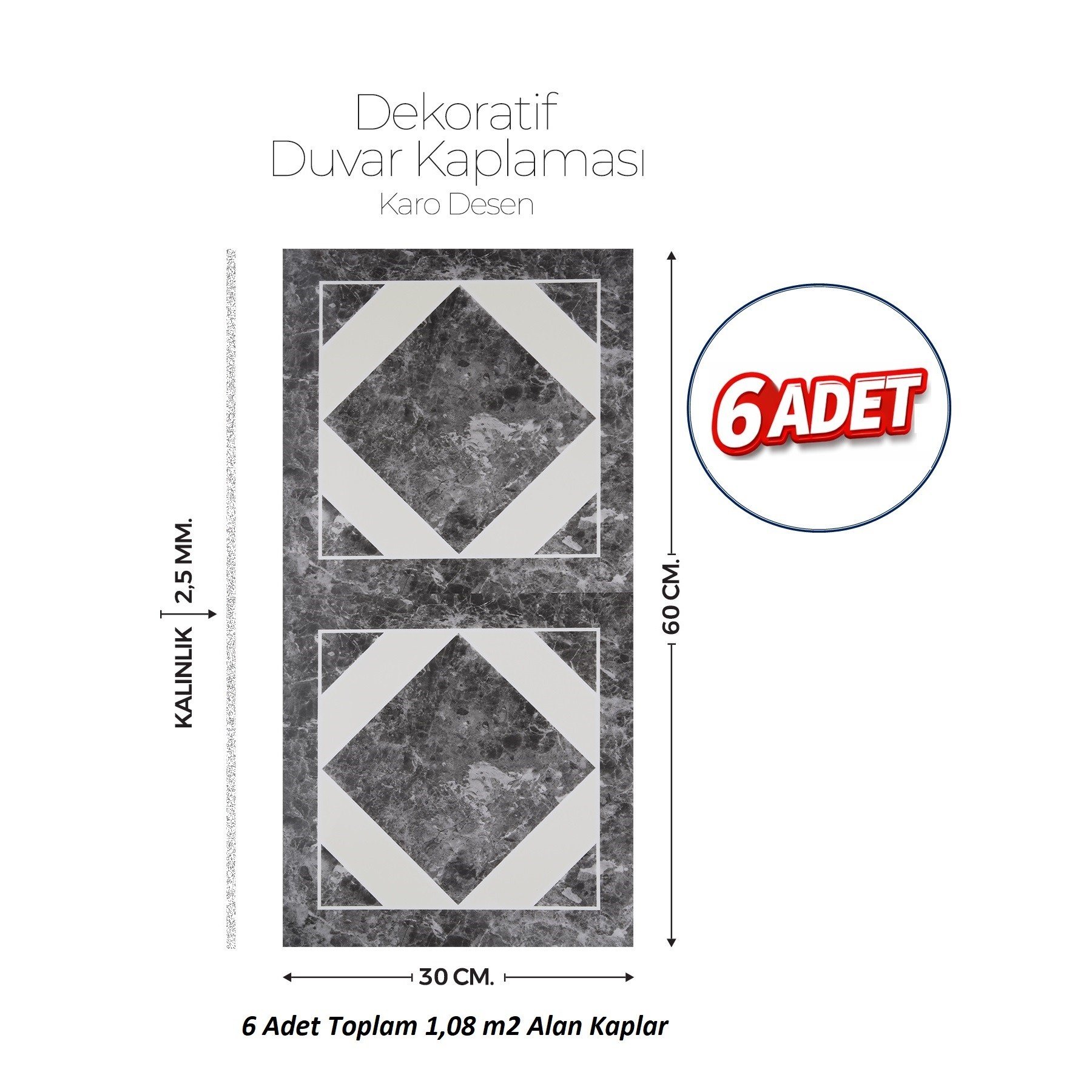 30X60 cm Kendinden Yapışkanlı Duvar,banyo,tezgah Arası Kaplama Karo Desen 6 Adet