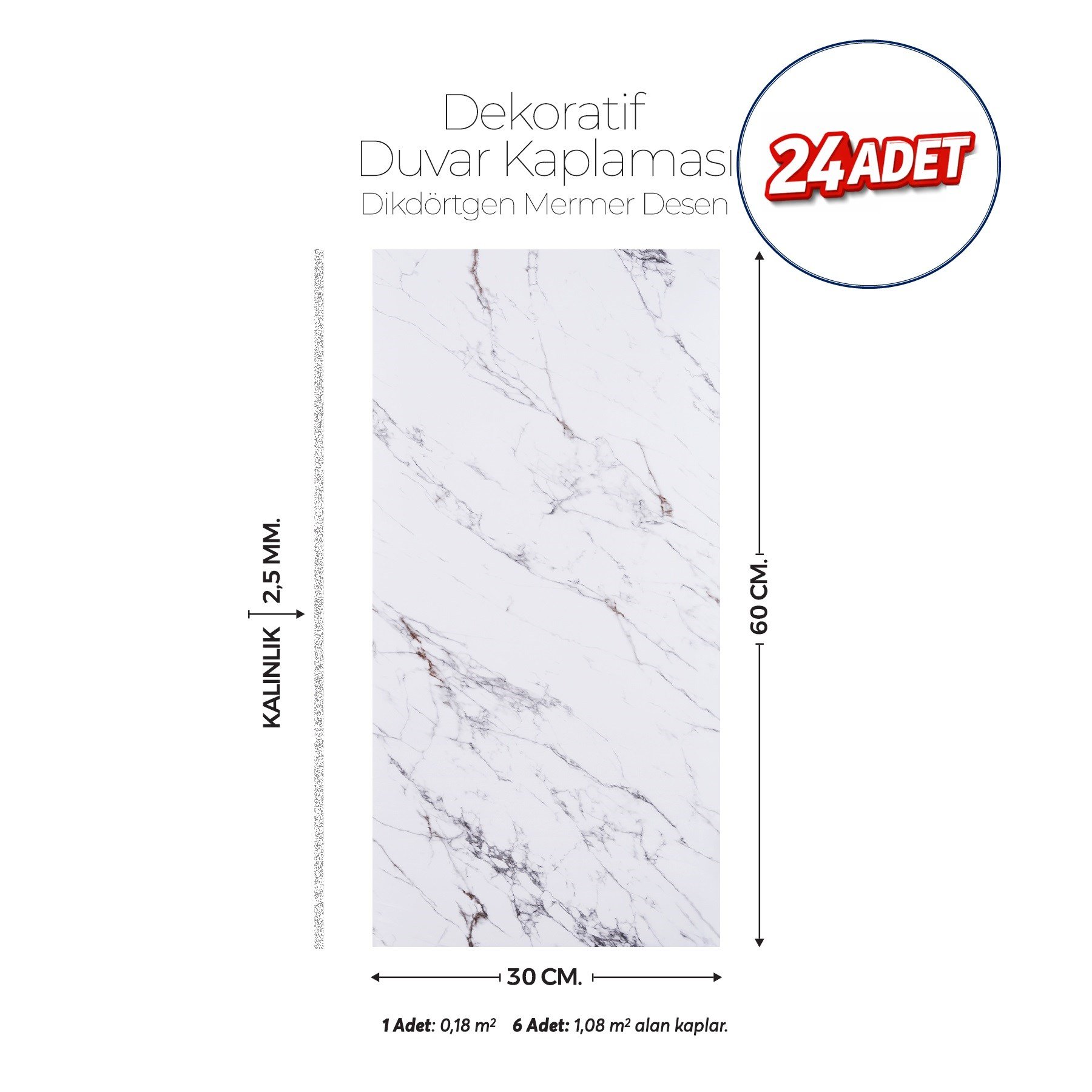 30X60 cm Kendinden Yapışkanlı Duvar,banyo,tezgah Arası Mermer Desen -24 Adet