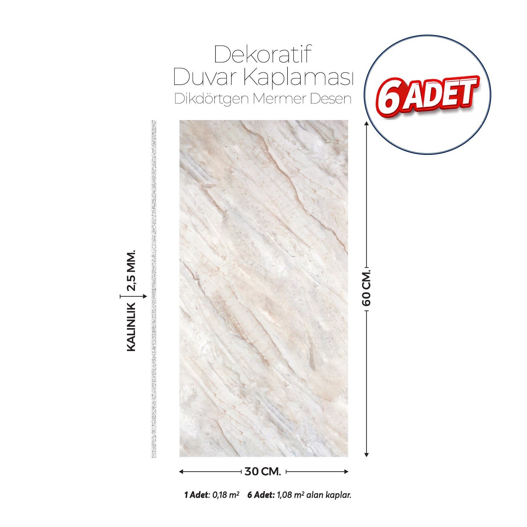30X60 cm Kendinden Yapışkanlı Duvar,banyo,tezgah Arası Kaplama Bej Mermer Desen 6 Adet