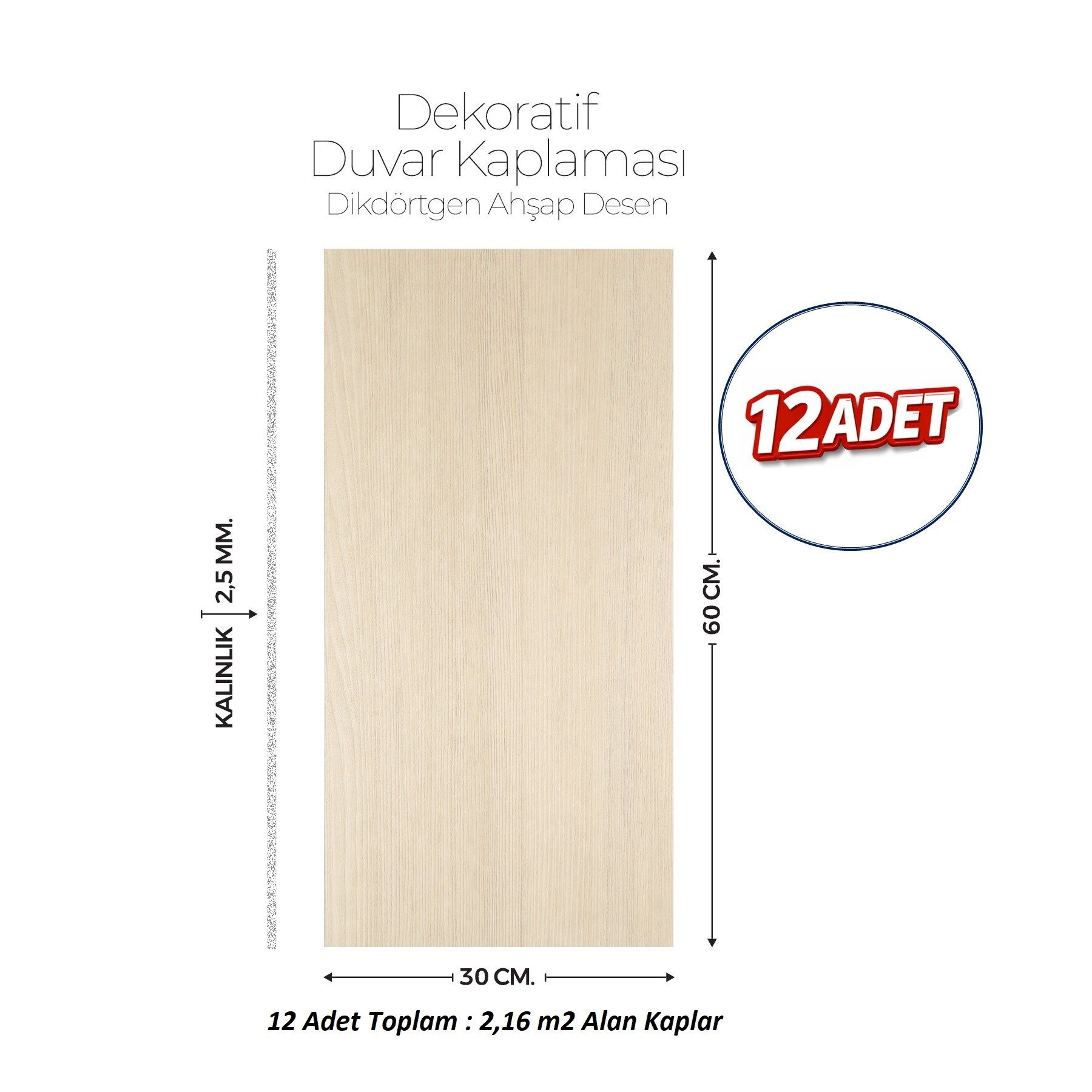 30X60 cm Kendinden Yapışkanlı Duvar,banyo,tezgah Arası Kaplama Doğal Ahşap Desen 12 Adet